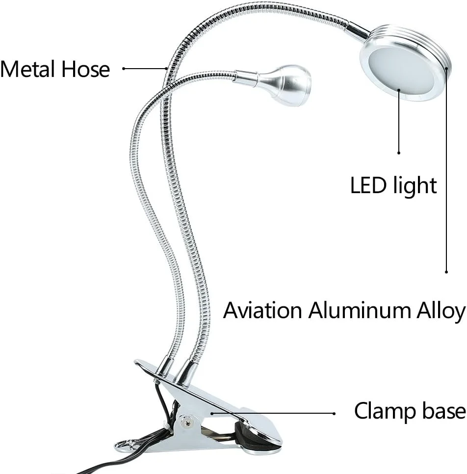 چراغ رومیزی ال ای دی 2 در 1 با گیره، چراغ های روشنایی برای میز ناخن، مانیکور، آرایش، استفاده در تخت، مطالعه، شلنگ فلزی انعطاف پذیر با رابط USB