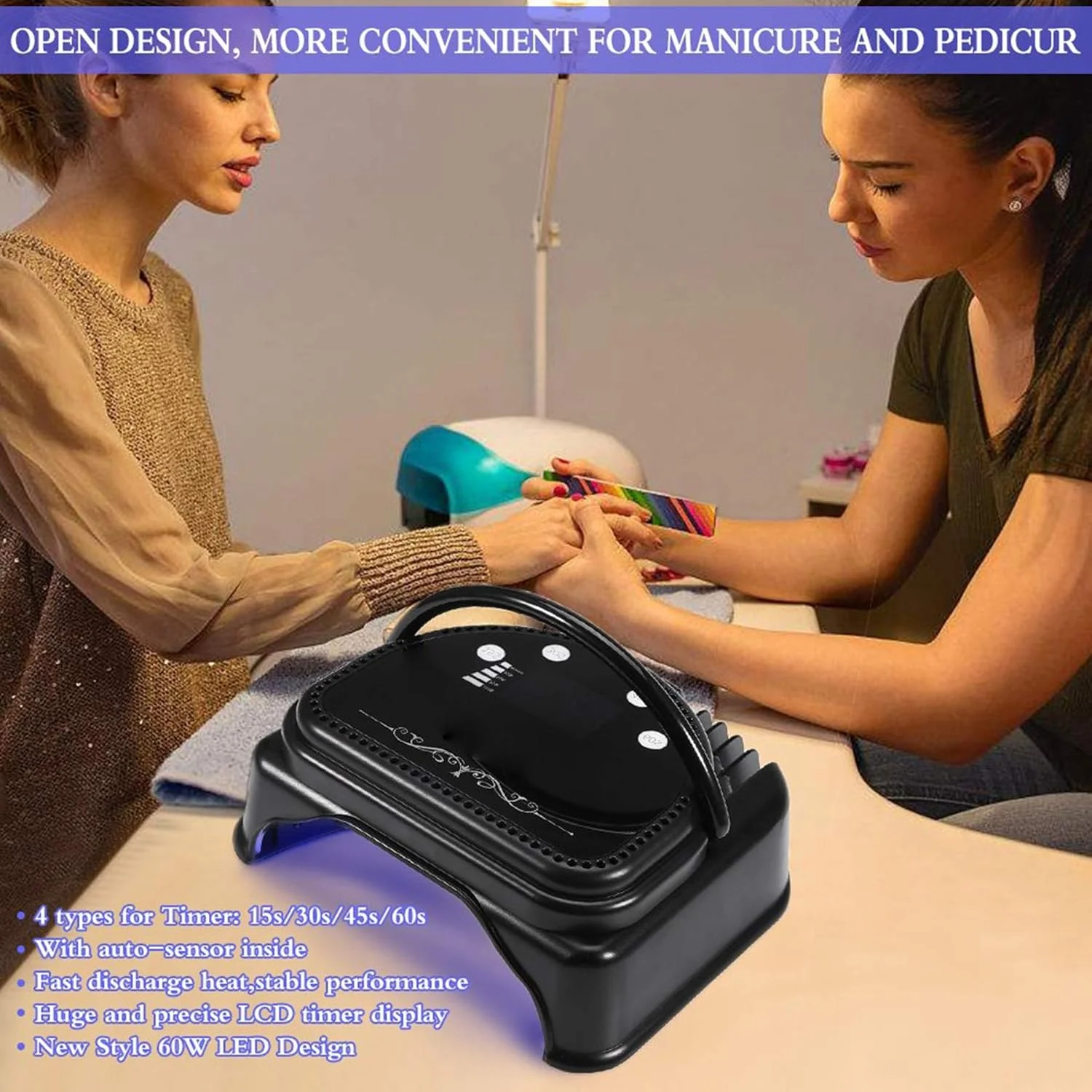 دستگاه خشک کن لاک ناخن قابل حمل با باتری داخلی - لامپ ژلی ناخن حرفه ای 64 وات با 32 عدد LED با نور UV خشک کننده سریع، بی سیم، قابل شارژ و دارای حسگر هوشمند برای مانیکور