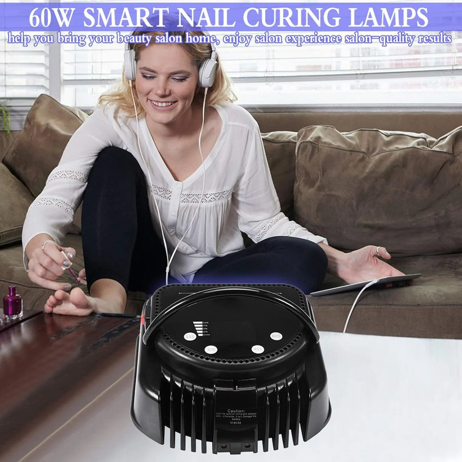 دستگاه خشک کن لاک ناخن قابل حمل با باتری داخلی - لامپ ژلی ناخن حرفه ای 64 وات با 32 عدد LED با نور UV خشک کننده سریع، بی سیم، قابل شارژ و دارای حسگر هوشمند برای مانیکور