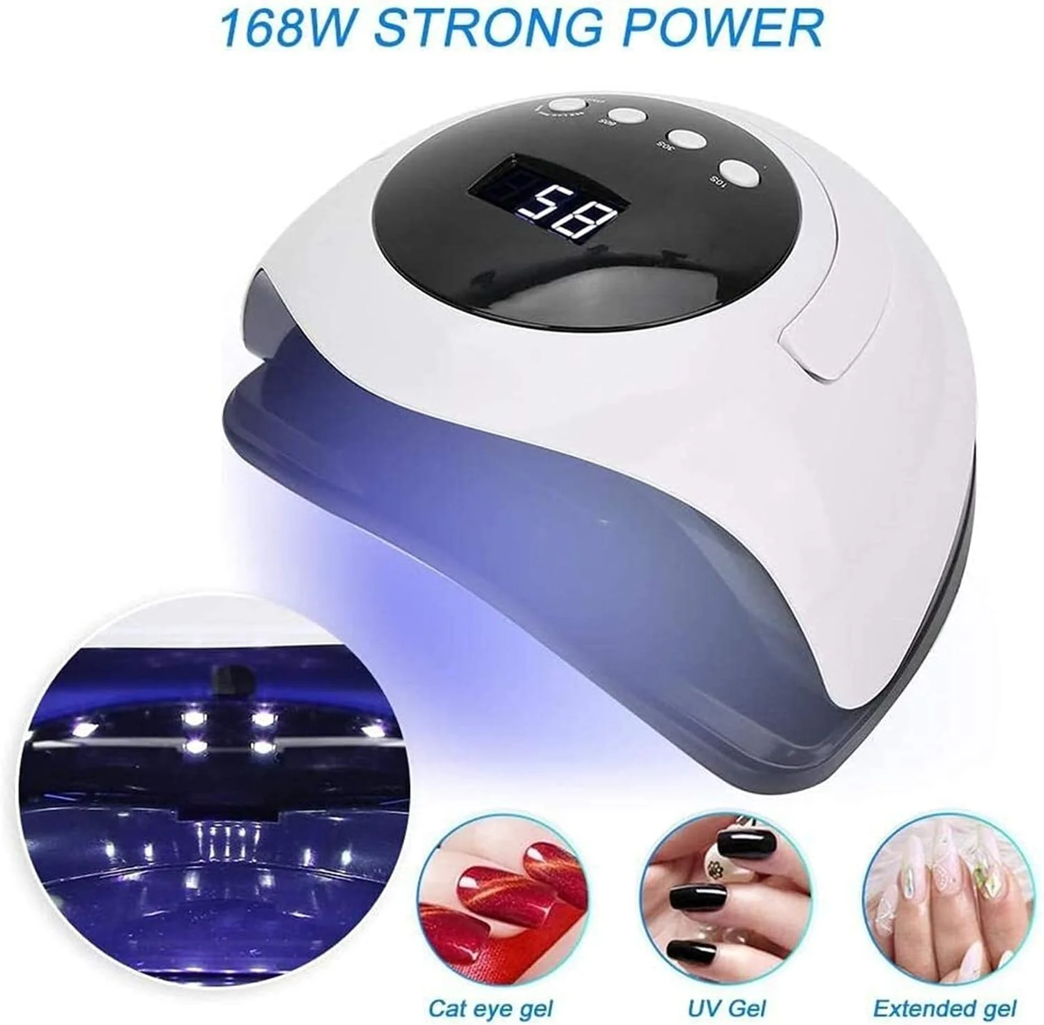 LED Nail Lamp, 168W Intelligent Nail Polish Dryer, LED Display Professional Gel Lamp Portable Handle Nail Curing Lamp Manicure Tools, with 4 Timer Setting
