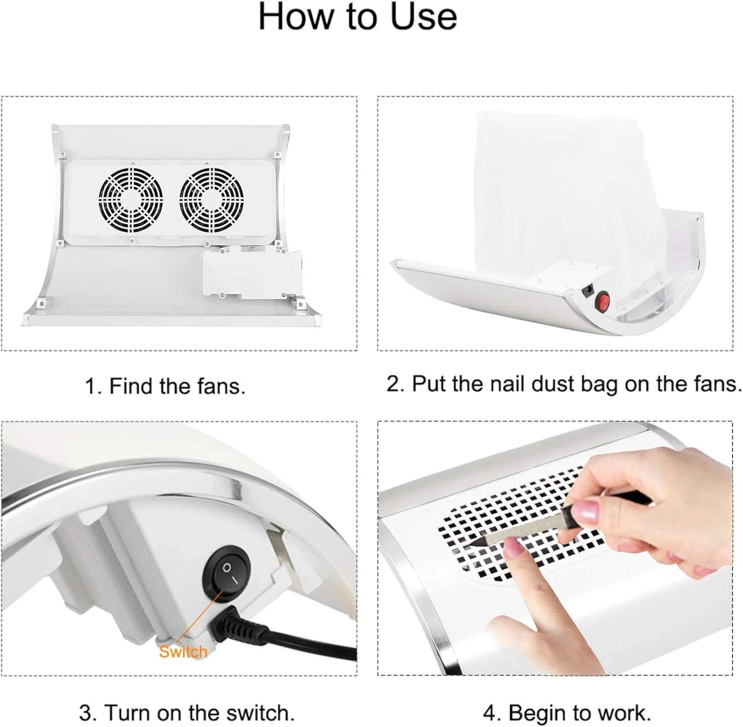 دستگاه مکنده ناخن، دستگاه مکنده حرفه ای ناخن 40 وات، تجهیزات تمیز کننده مانیکور با 3 فن و 2 کیسه گرد و غبار برای سالن ناخن / مانیکور شخصی