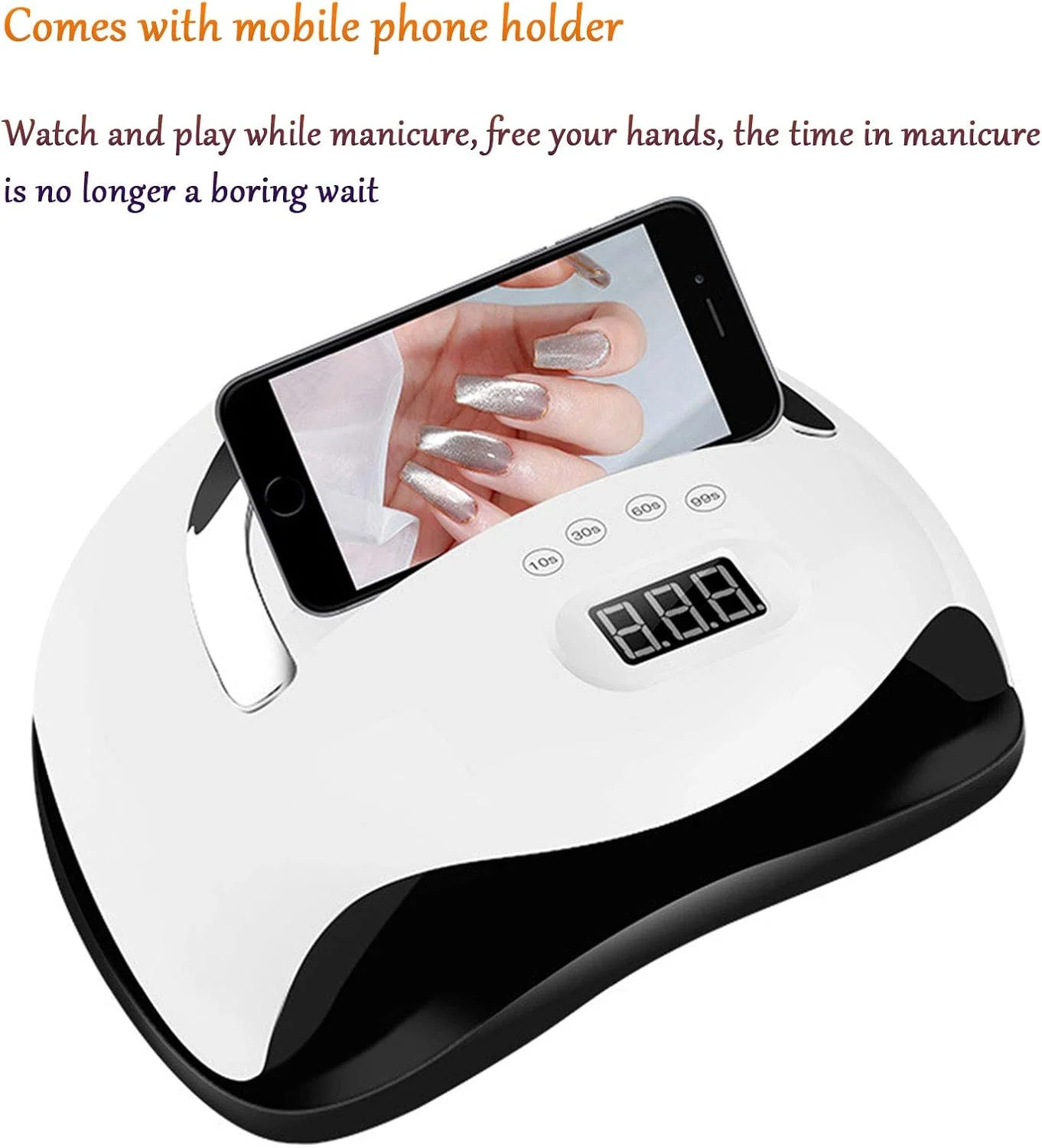 دستگاه خشک کن لاک ناخن قابل حمل 168 وات با نگهدارنده تلفن همراه، دستگاه فتوتراپی LED، ابزار طراحی ناخن، مناسب استفاده خانگی، سفید