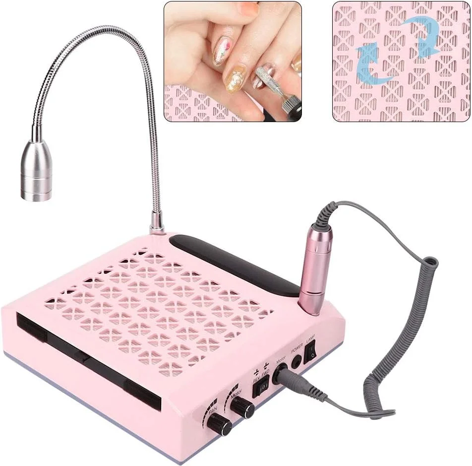 دستگاه طراحی ناخن 80 وات 4 در 1، قلم دریل ناخن، جمع کننده گرد و غبار ناخن، چراغ LED رومیزی، بالشتک دستی، ابزار مانیکور، جاروبرقی قدرتمند، جمع کننده برقی گرد و غبار ناخن
