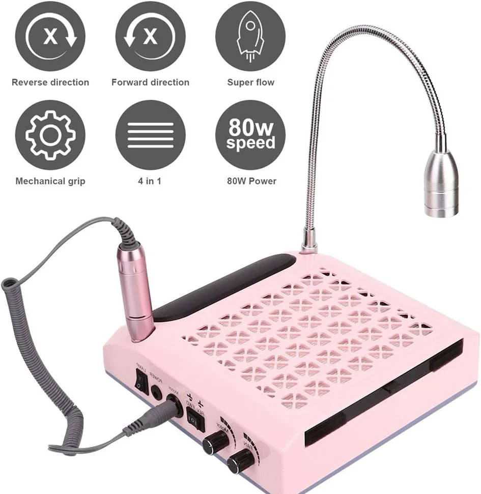 دستگاه طراحی ناخن 80 وات 4 در 1، قلم دریل ناخن، جمع کننده گرد و غبار ناخن، چراغ LED رومیزی، بالشتک دستی، ابزار مانیکور، جاروبرقی قدرتمند، جمع کننده برقی گرد و غبار ناخن