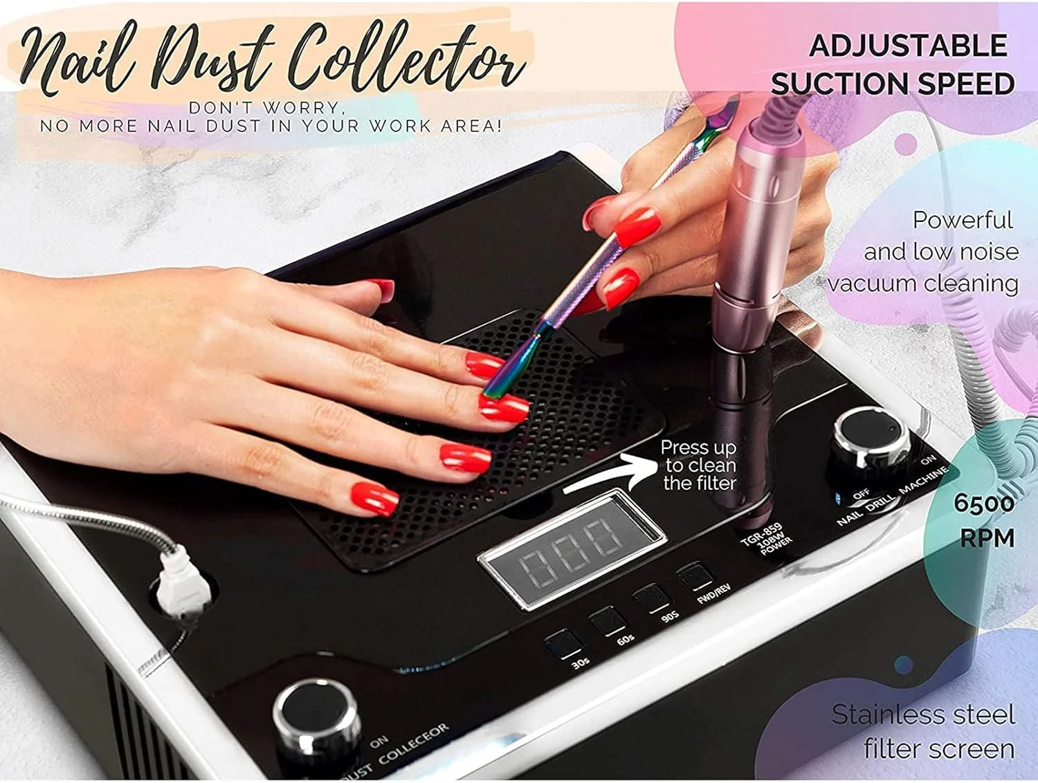 دستگاه چند منظوره برقی طراحی ناخن، ابزار مانیکور، دریل ناخن، جمع کننده گرد و غبار ناخن، خشک کن لاک ژل و چراغ مطالعه LED، ابزار حرفه ای آرایشگاه ناخن