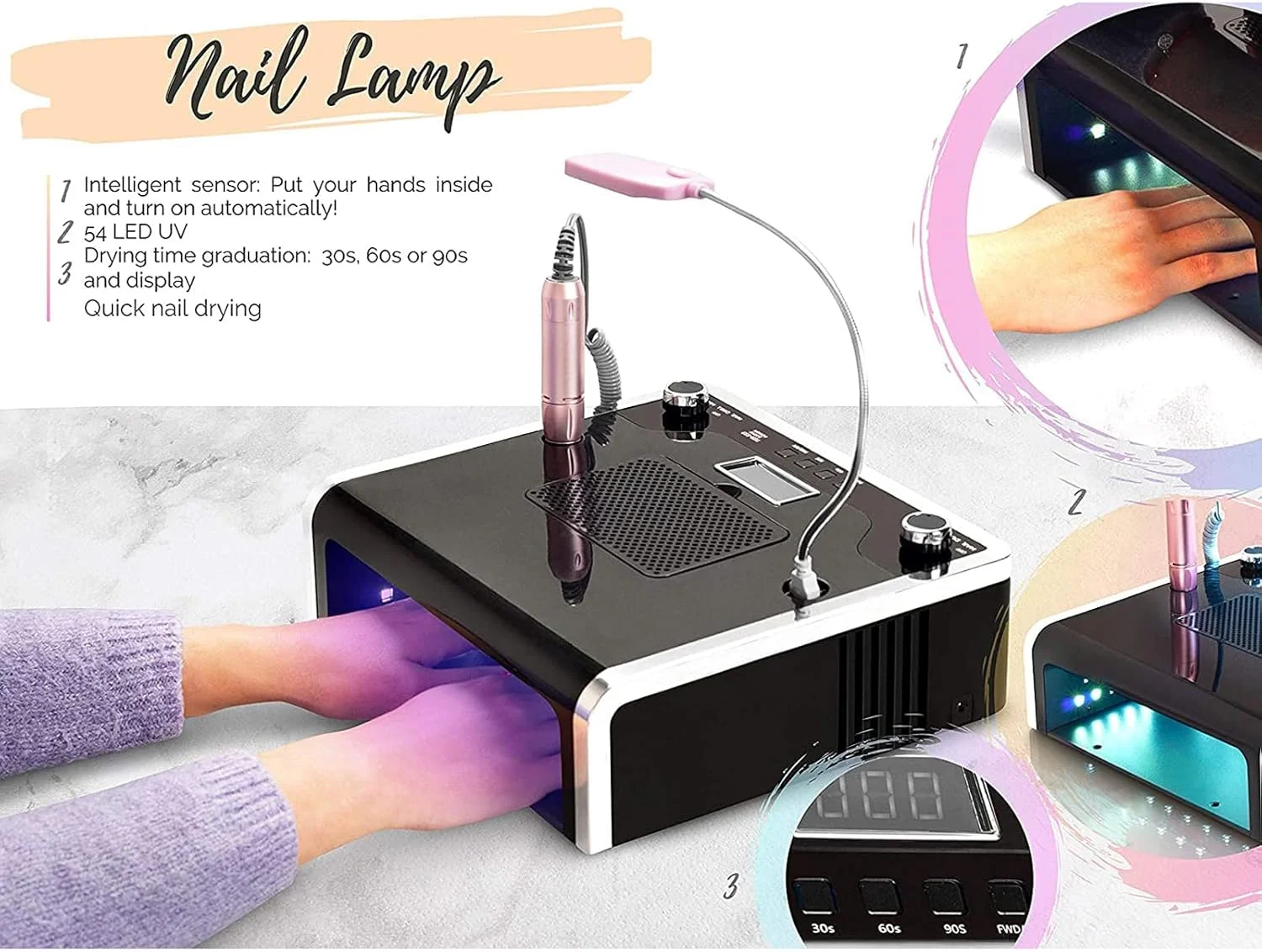 دستگاه چند منظوره برقی طراحی ناخن، ابزار مانیکور، دریل ناخن، جمع کننده گرد و غبار ناخن، خشک کن لاک ژل و چراغ مطالعه LED، ابزار حرفه ای آرایشگاه ناخن