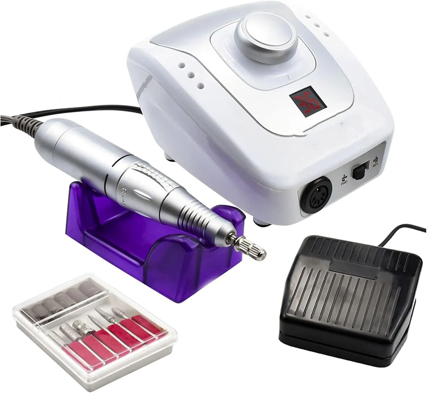 دستگاه سوهان ناخن برقی حرفه ای 32 وات 35000 دور در دقیقه برای مانیکور پدیکور با کاتر، قلم سوهان ناخن، ابزار دستگاه و لوازم ناخن (رنگ: نقره ای 32 وات 35000 دور در دقیقه)