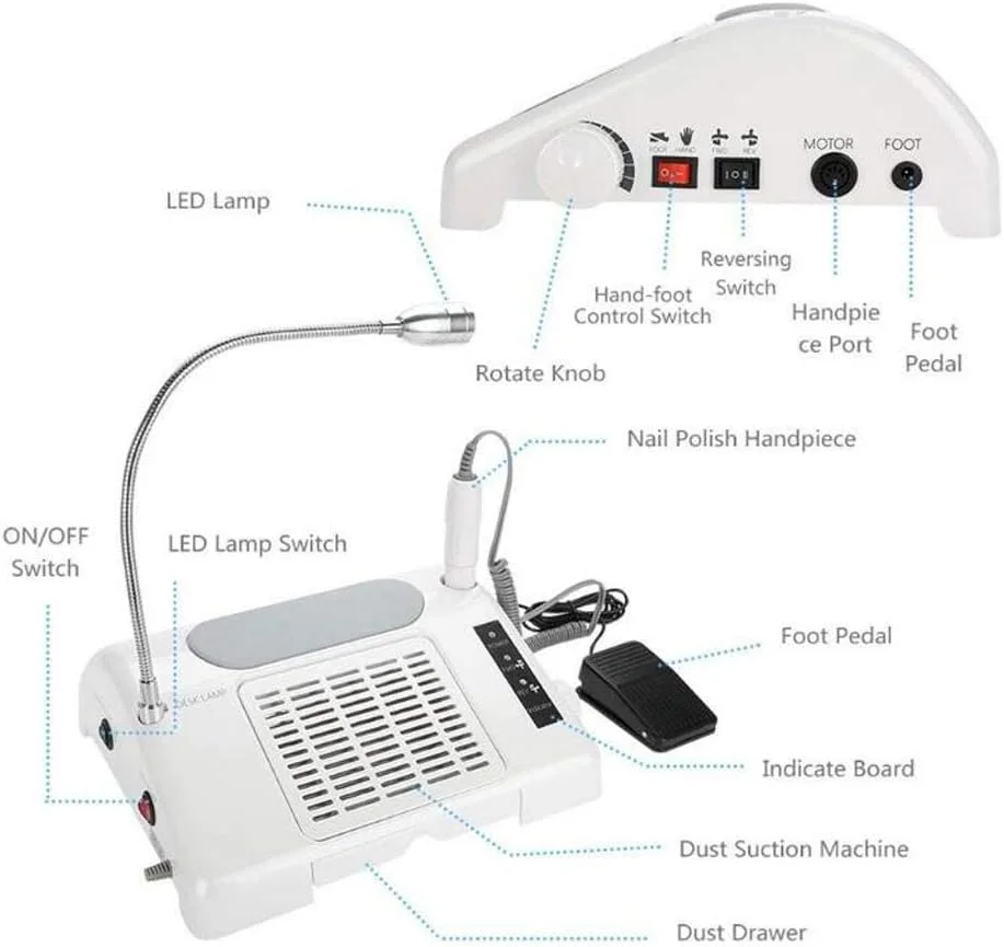 دستگاه چند منظوره 3 در 1 سالن ناخن، ابزار تجهیزات طراحی ناخن، دریل ناخن، دستگاه جمع کننده گرد و غبار مکنده با چراغ رومیزی 35000 دور در دقیقه، دریل ناخن، جمع کننده گرد و غبار ناخن، چراغ رومیزی، سفید
