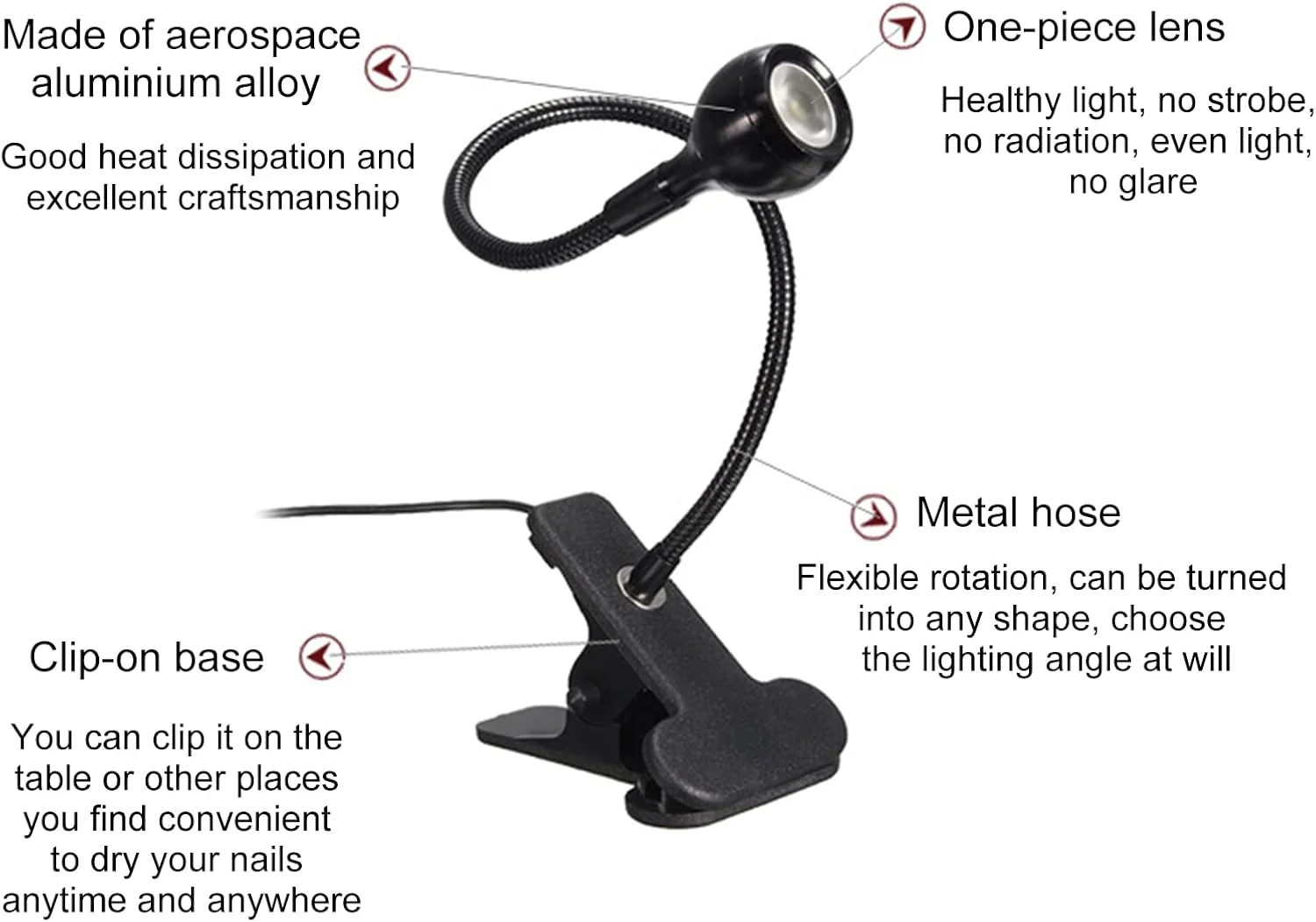 چراغ رومیزی گیره دار USB Fawoonu، چراغ کنار تخت، مناسب برای هنر ناخن و خشک کردن لاک ناخن و چسب UV