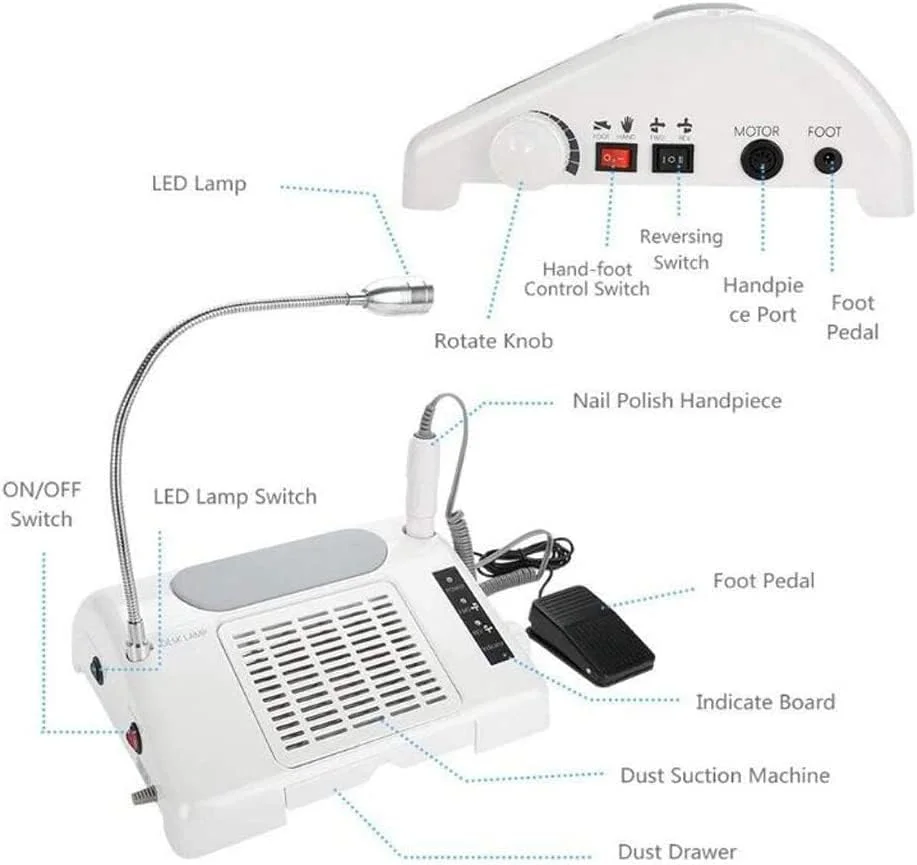 دستگاه چند منظوره 3 در 1 سالن ناخن، ابزار تجهیزات هنر ناخن، دریل هنر ناخن، دستگاه جمع کننده گرد و غبار مکنده با لامپ رومیزی 35000 دور در دقیقه، دریل ناخن، جمع کننده گرد و غبار ناخن، لامپ رومیزی