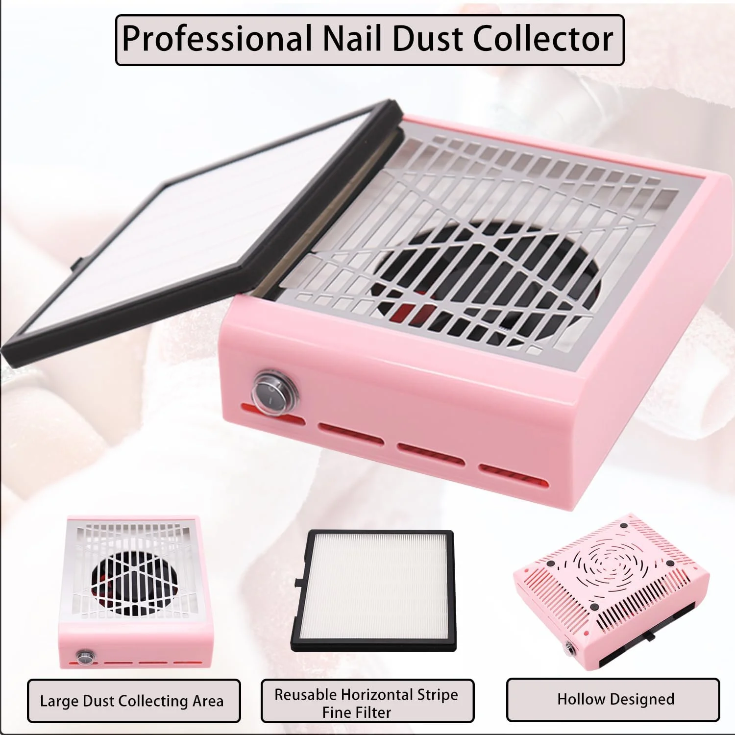 دستگاه جمع کننده برقی گرد و غبار ناخن، فن مکش خلاء ناخن با فیلترهای قابل استفاده مجدد، پاک کننده گرد و غبار ناخن استیل ضد زنگ، ابزار مانیکور استخراج کننده گرد و غبار برای پولیش ناخن ژل اکریلیک، صورتی