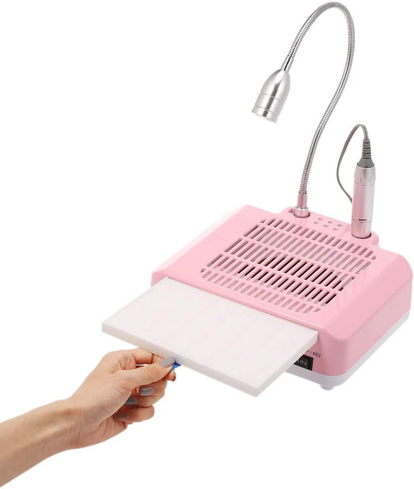 دستگاه جمع کننده برقی گرد و غبار ناخن 25000 دور در دقیقه، قلم دریل، چراغ رومیزی LED، فن جاروبرقی مانیکور، ابزار حرفه ای سالن هنر ژل ناخن اکریلیک، 60 وات، صورتی