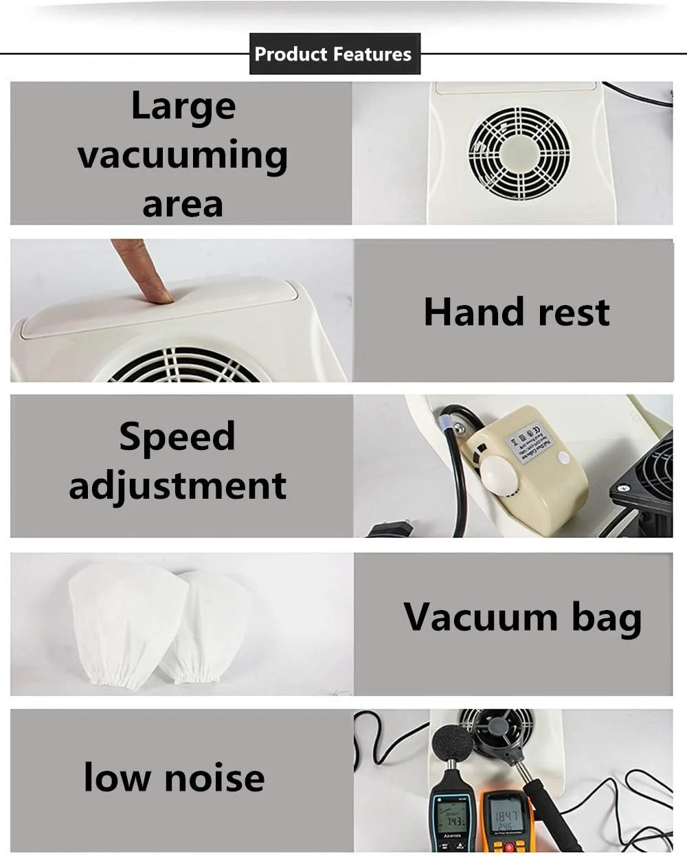 دستگاه مکنده برقی گرد و غبار ناخن با قابلیت تنظیم سرعت، تمیز کننده و ابزار مانیکور به همراه 2 کیسه جمع آوری گرد و غبار، سفید