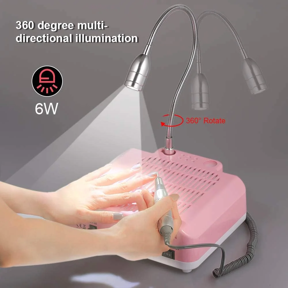 دستگاه جمع کننده برقی گرد و غبار ناخن 25000 دور در دقیقه، قلم دریل، چراغ رومیزی LED، فن جاروبرقی مانیکور، ابزار حرفه ای سالن هنر ژل ناخن اکریلیک، 60 وات، صورتی