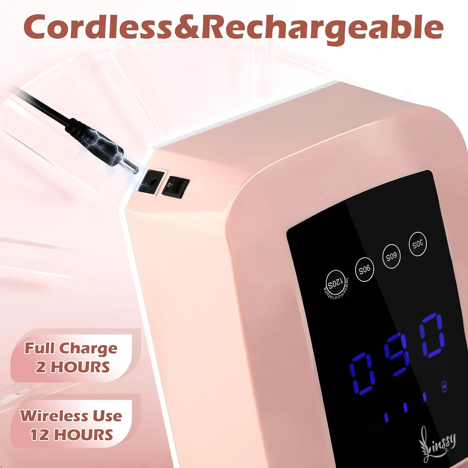 دستگاه خشک کن لاک ناخن UV حرفه ای 72 وات | چراغ LED UV شارژی و بدون سیم با 4 تایمر | خشک کن حرفه ای ناخن با صفحه نمایش LCD بزرگ (صورتی)