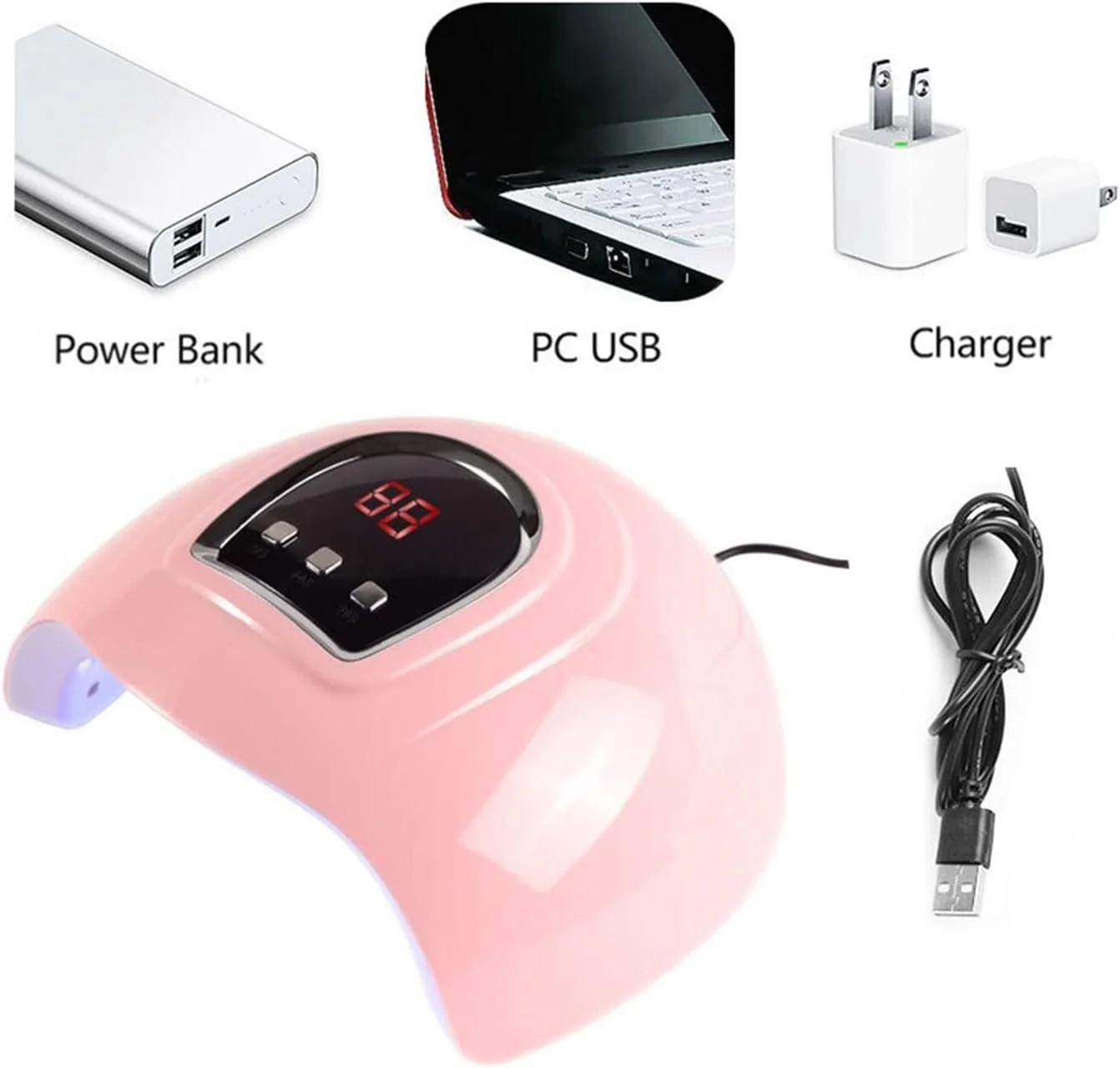 دستگاه خشک کن ناخن قابل حمل صورتی رنگ REHOOF، لامپ ال ای دی UV با تایمر 30/60/90 ثانیه و کابل USB، مناسب برای استفاده خانگی، خشک کن لاک ژل ناخن UV، ابزار سبک و آسان برای استفاده