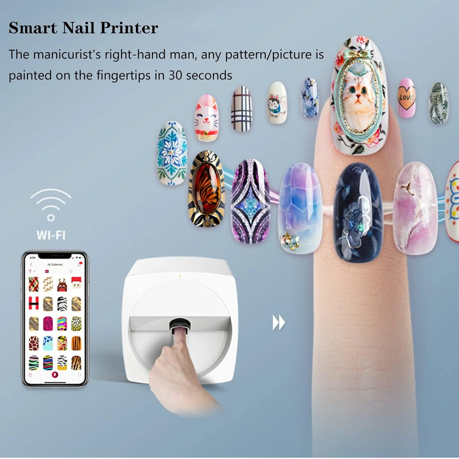 دستگاه هوشمند مانیکور، دستگاه چاپ سه بعدی ناخن، دستگاه اتوماتیک نقاشی ناخن با قابلیت اتصال تلفن همراه و چاپ طرح عکس روی ناخن