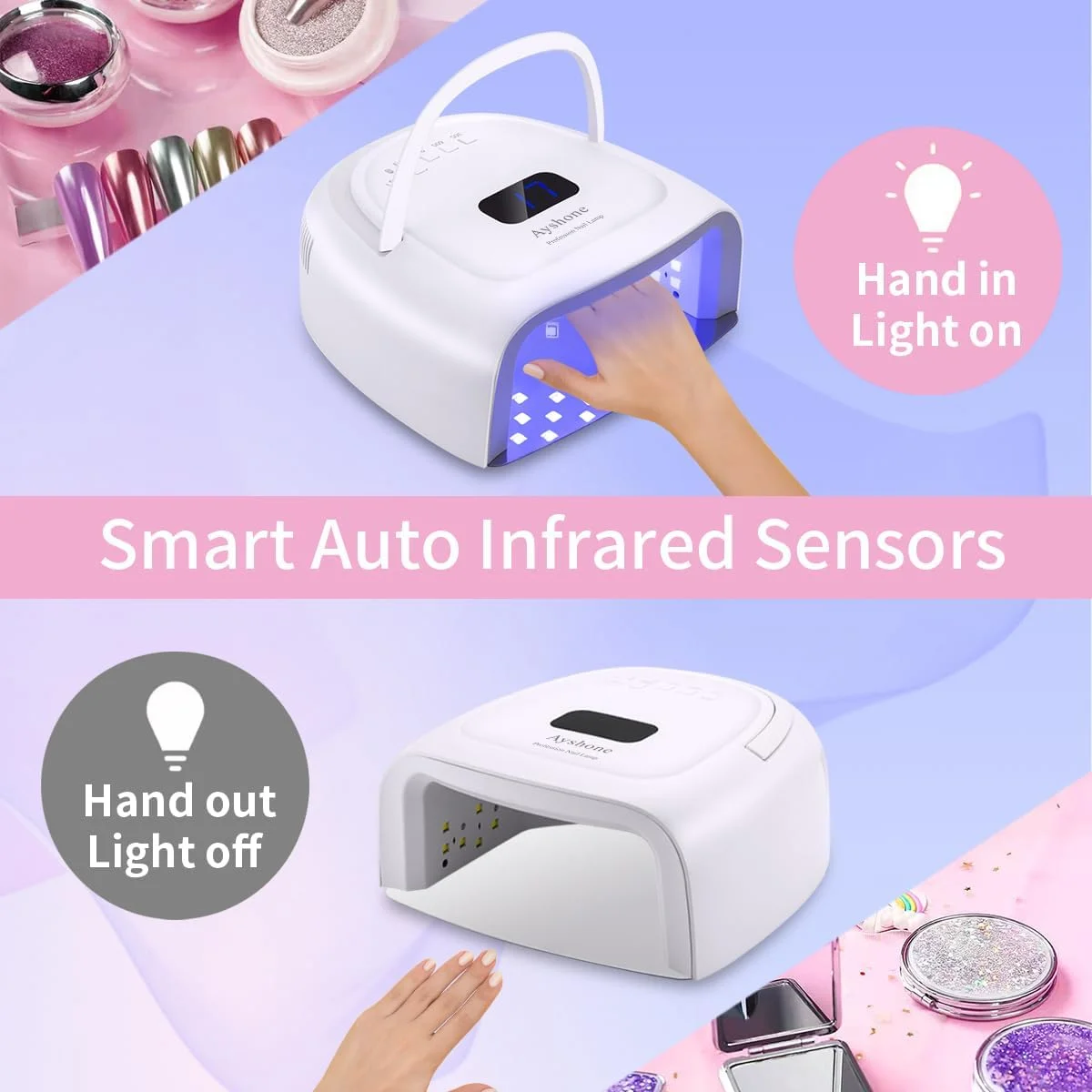 چراغ LED ناخن شارژی، خشک کن ناخن LED UV بی سیم 60 واتی برای ناخن های ژلی با دسته بالابر، صفحه نمایش LCD حسگر لمسی