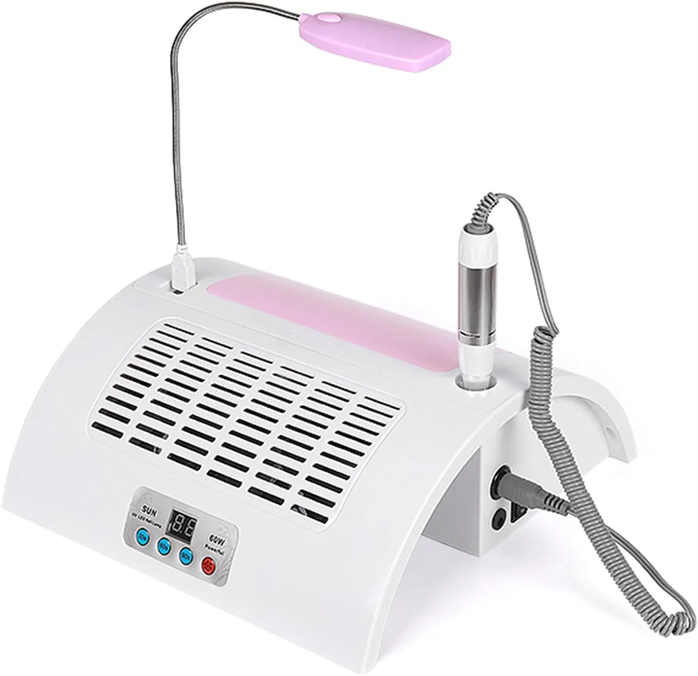 دستگاه چندکاره ناخن 5 در 1، دریل برقی ناخن، جمع کننده گرد و غبار ناخن، لامپ خشک کن LED 60 وات، ابزار طراحی لاک ژل ناخن