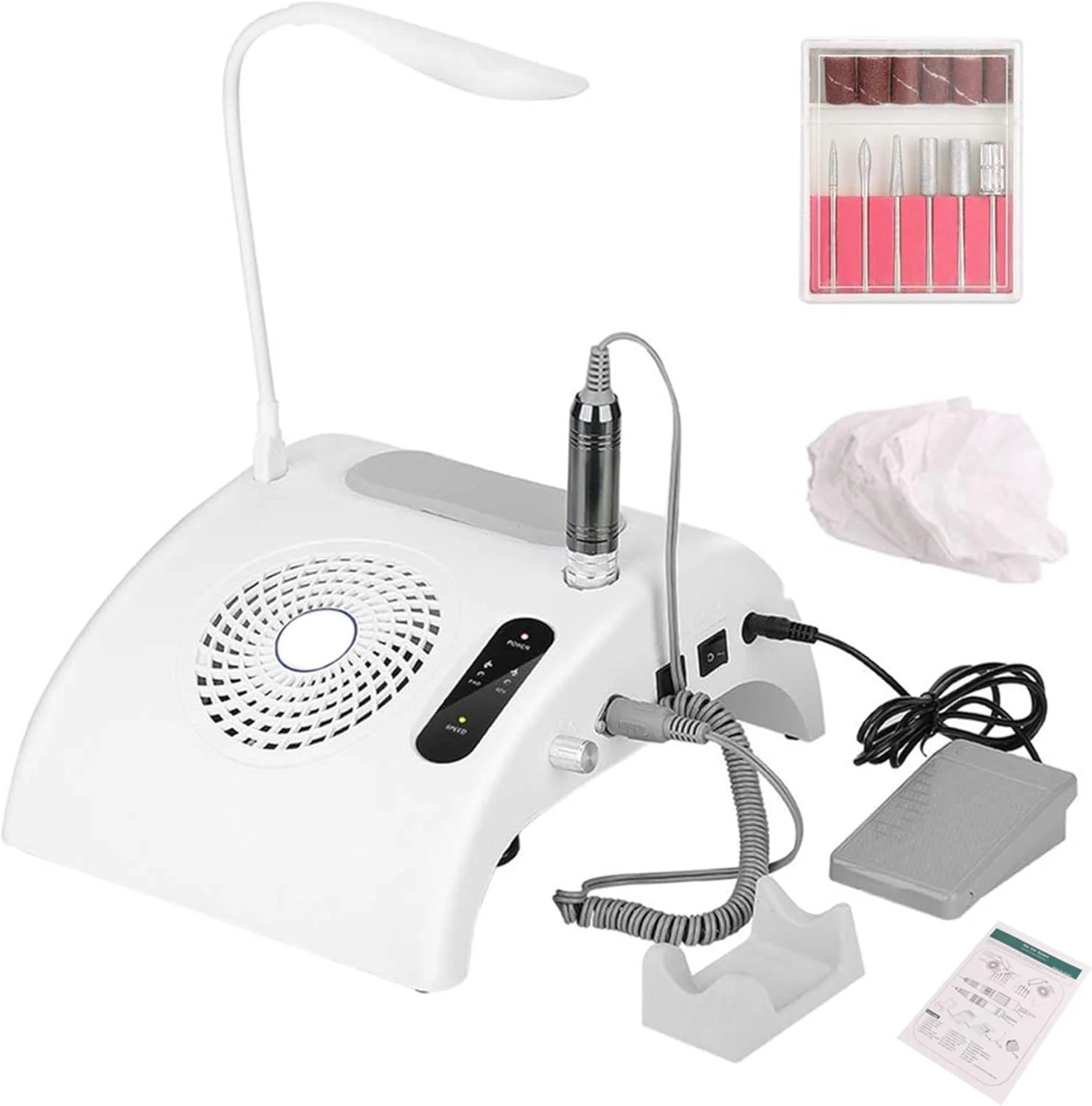 دستگاه سوهان ناخن 3 در 1 - دریل برقی ناخن 30000 دور در دقیقه، جمع کننده گرد و غبار، چراغ رومیزی LED، تجهیزات چند منظوره ناخن با 3 کیسه گرد و غبار برای ناخن های اکریلیک، ژل پلی، سالن و خانه