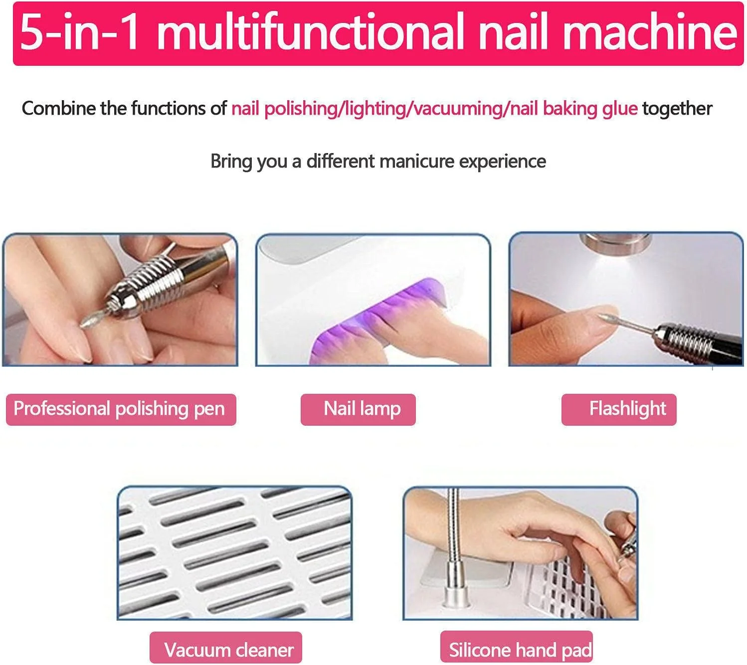 دستگاه چند منظوره 5 در 1 هنر مانیکور TISTIK، سوهان برقی ناخن، جمع کننده گرد و غبار ناخن، خشک کن ژل UV ناخن، چراغ و پد دست، کیت ابزار مانیکور تجهیزات هنر ناخن برای سالن خانگی، استودیو ناخن