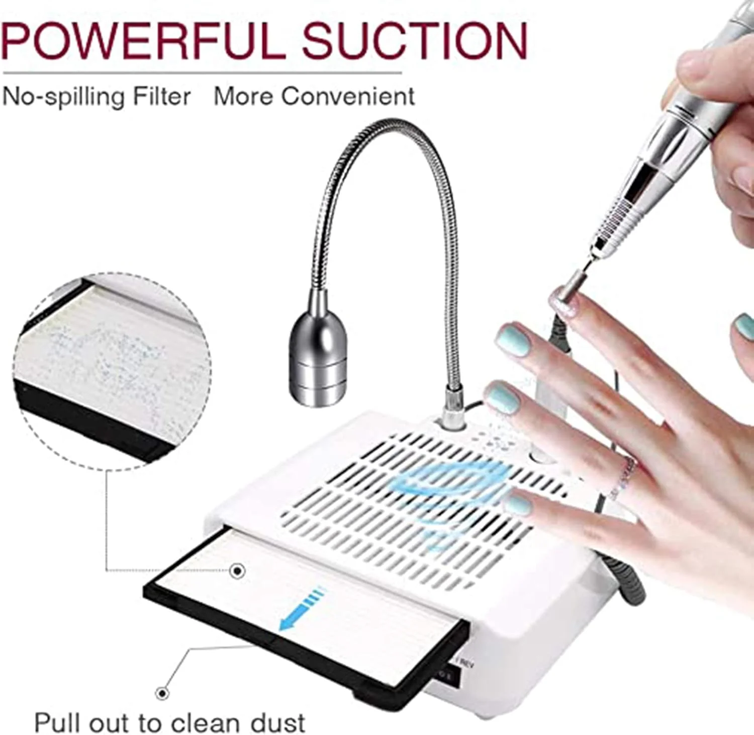 دستگاه سوهان ناخن 3 در 1 - 60 وات 30000 دور در دقیقه، دریل برقی ناخن، جمع کننده گرد و غبار، چراغ رومیزی LED، تجهیزات چند منظوره ناخن برای ناخن های اکریلیک، ژل پلی، سالن و خانه