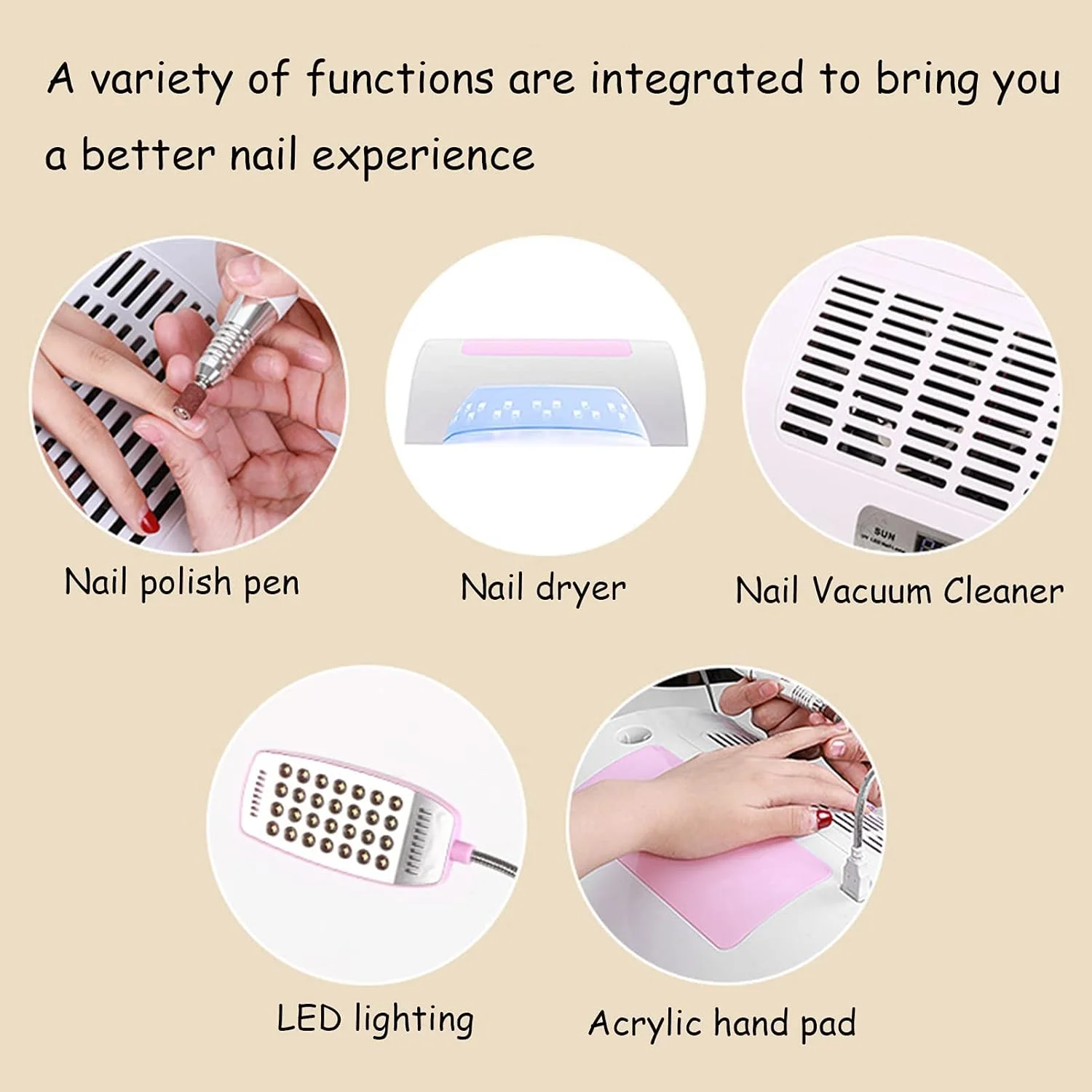 دستگاه چندکاره ناخن 5 در 1، دریل برقی ناخن، جمع کننده گرد و غبار ناخن، لامپ خشک کن LED 60 وات، ابزار طراحی لاک ژل ناخن