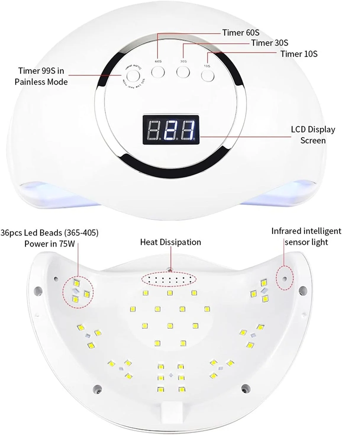دستگاه خشک کن لاک ناخن TISTIK، چراغ LED، تایمر 10/30/60 ثانیه، فضای بزرگ، مناسب برای دو دست، ابزار حرفه ای مانیکور برای لاک ناخن
