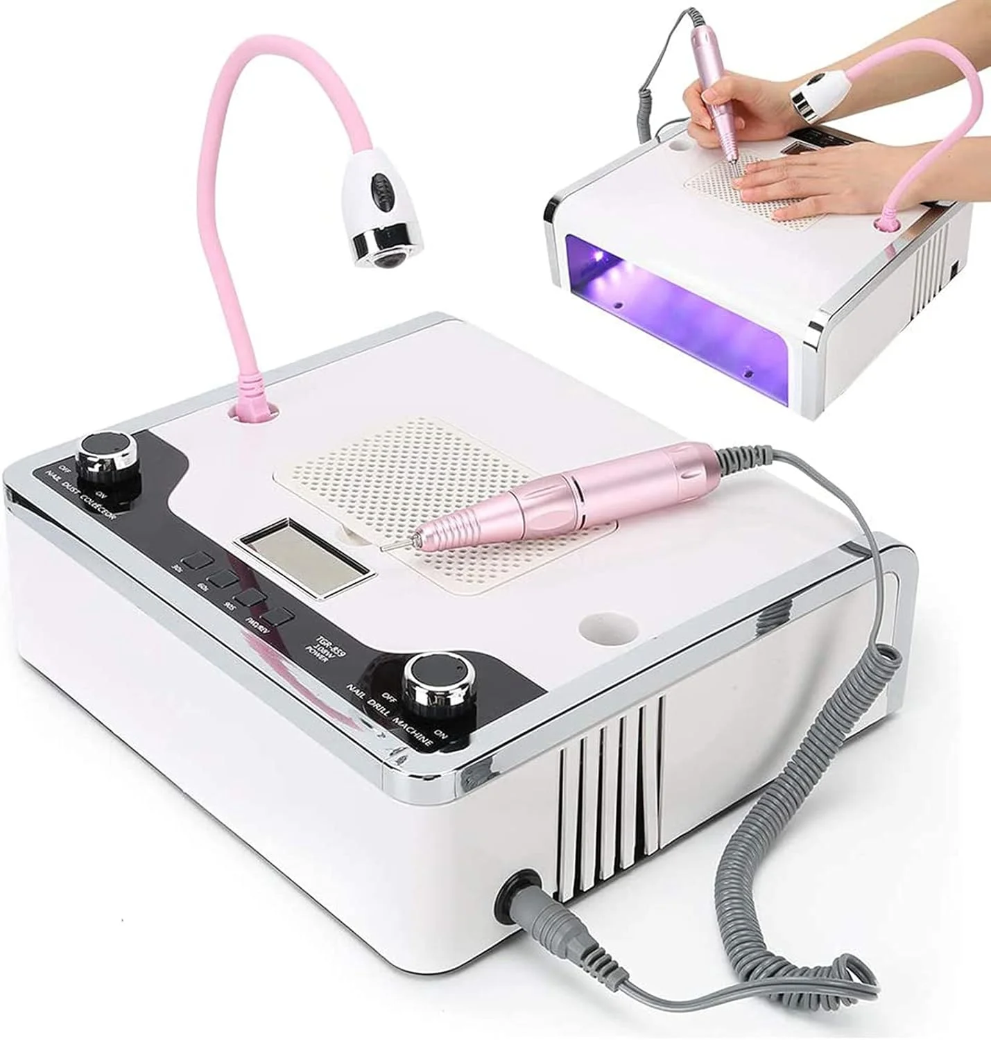دستگاه ۴ در ۱ جمع کننده گرد و غبار ناخن TISTIK، ست سوهان برقی ناخن با سرعت ۳۵۰۰۰ دور در دقیقه برای ناخن های ژلی آکریلیک، لامپ خشک کن ناخن، چراغ مطالعه ۳۶۰ درجه، کیت تجهیزات حرفه ای هنر ناخن سالن