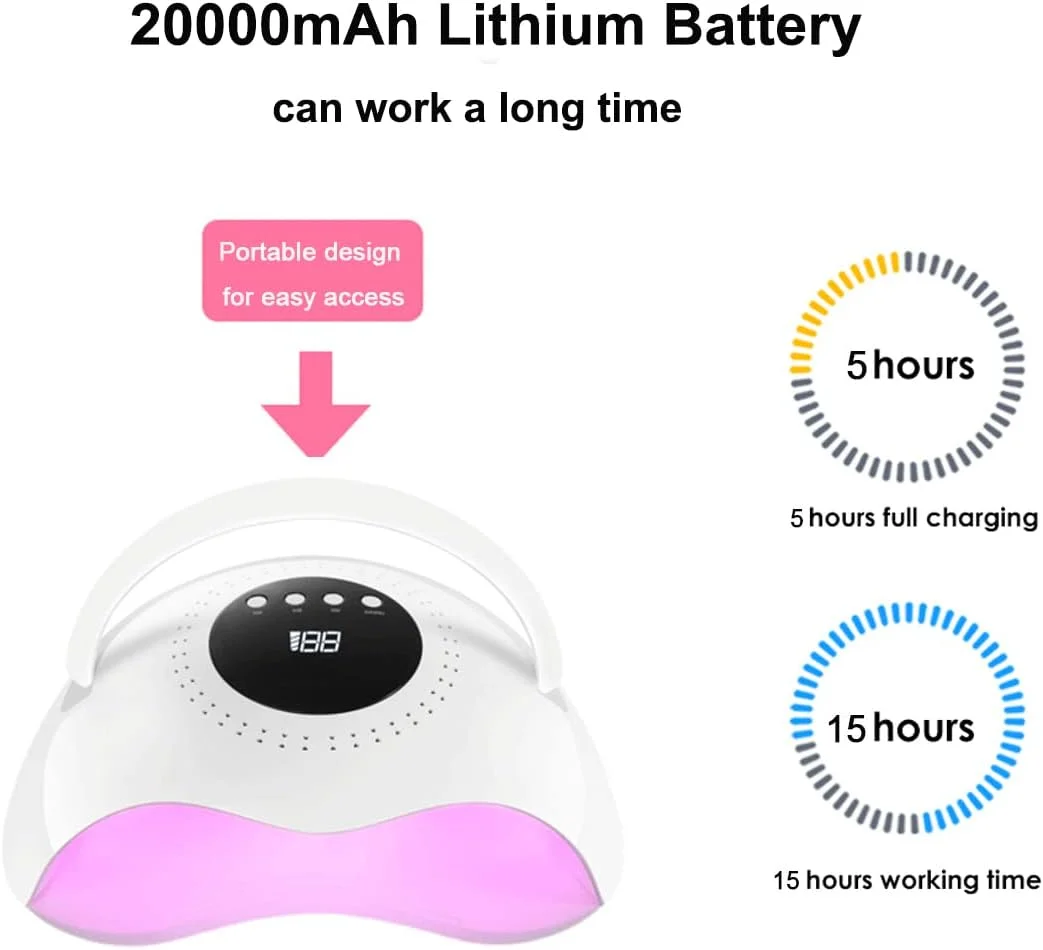 دستگاه خشک کن لاک ناخن ال ای دی UV بی سیم 120 وات TISTIK با دسته بلند کننده، سنسور خودکار، 3 تنظیمات تایمر، پایه جداشدنی، قابل شارژ، ابزار طراحی ناخن (رنگ: سفید)