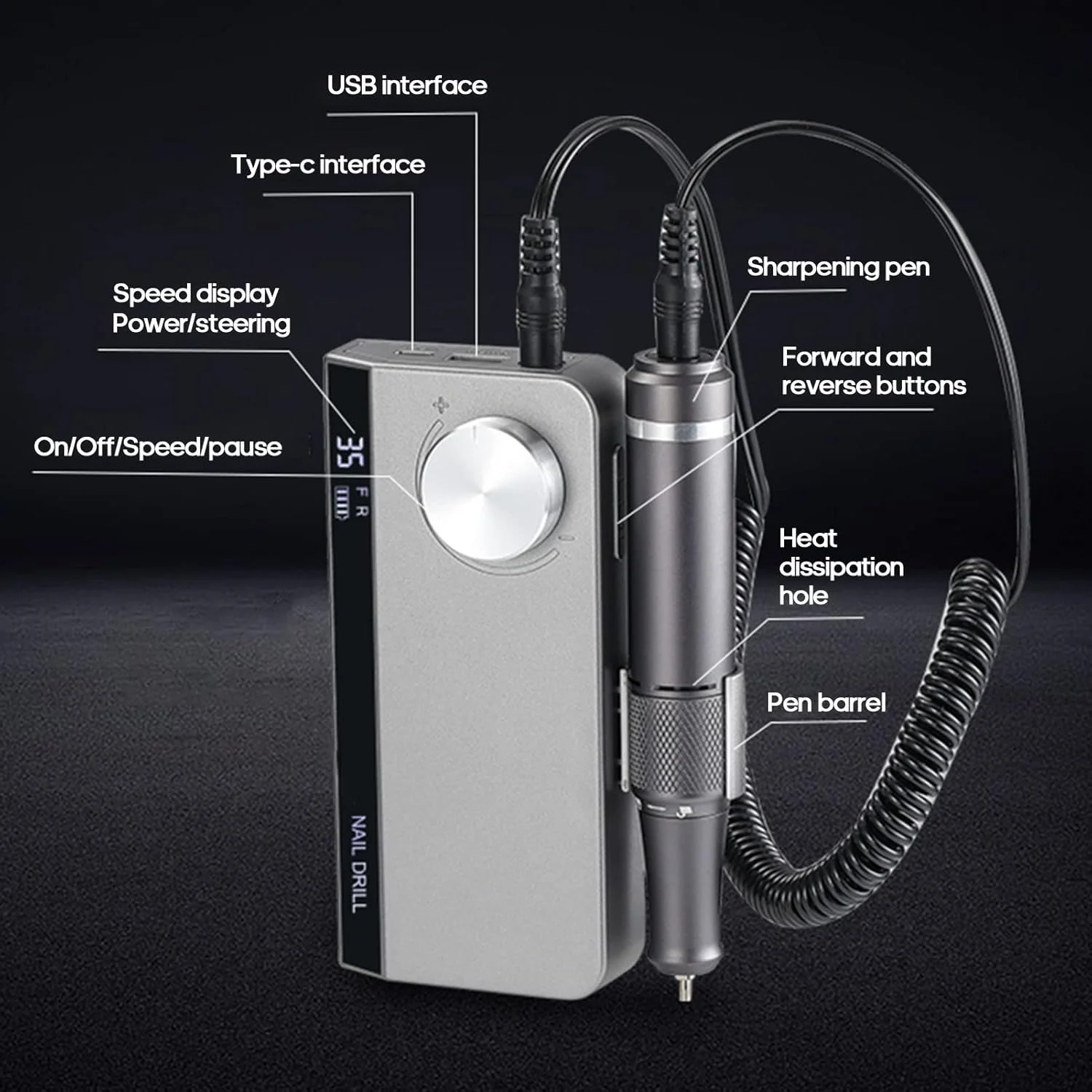 دستگاه سوهان برقی ناخن قابل حمل موریلیان با سرعت چرخش قابل تنظیم 35000 دور در دقیقه