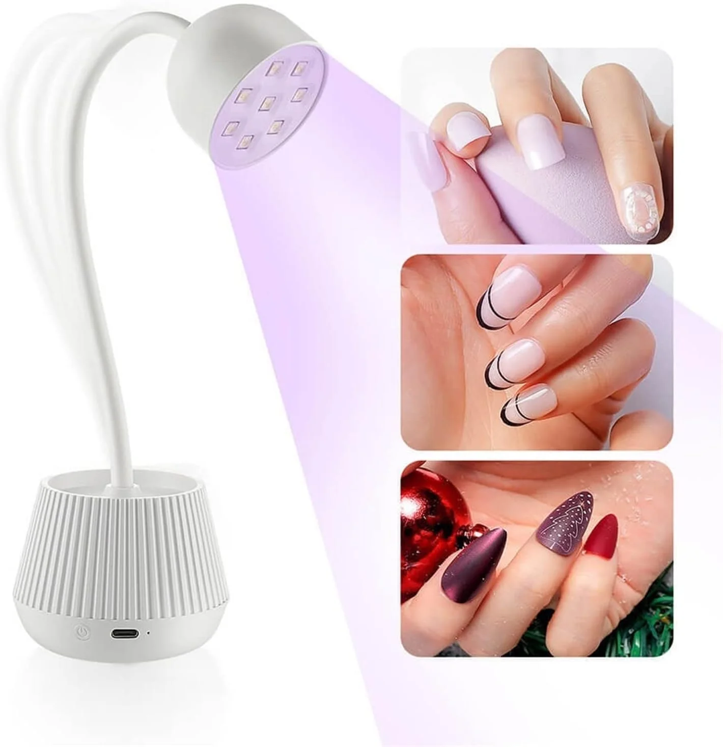 چراغ ناخن، چراغ ال ای دی کوچک ناخن 24 وات، خشک کن ناخن، مناسب برای مانیکور ناخن مصنوعی، چسب لاک، دارای نور خشک کننده سریع، طراحی چراغ رومیزی با قابلیت خم شدن 360 درجه