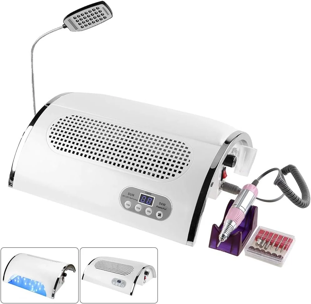 دستگاه جمع کننده گرد و غبار ناخن و لامپ خشک کن ناخن، دستگاه خشک کننده ژل ناخن UV 54 وات 3 در 1 با 3 فن و تنظیم تایمر + جمع کننده گرد و غبار ناخن با چراغ رومیزی LED + دستگاه پولیش ناخن 25000 دور در دقیقه (دوشاخه آمریکایی)