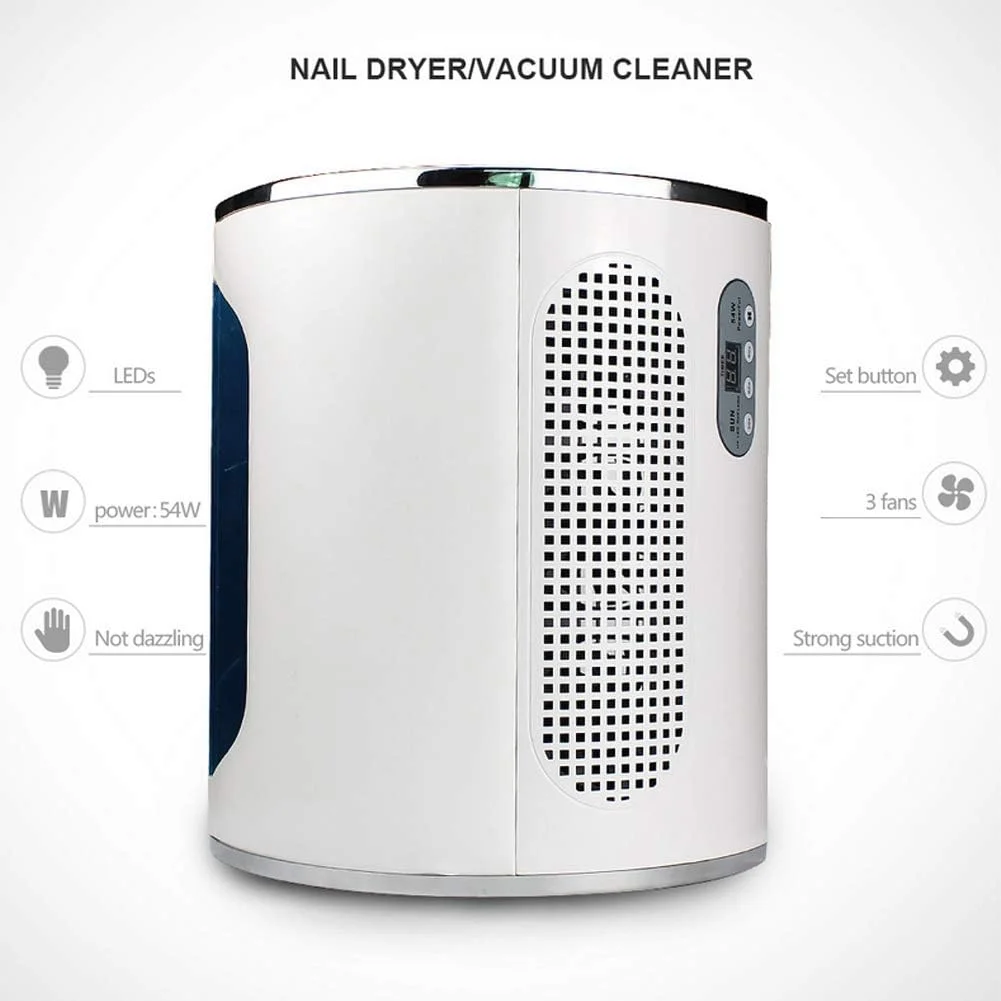 دستگاه جمع کننده گرد و غبار ناخن و لامپ خشک کن ناخن، دستگاه خشک کننده ژل ناخن UV 54 وات 3 در 1 با 3 فن و تنظیم تایمر + جمع کننده گرد و غبار ناخن با چراغ رومیزی LED + دستگاه پولیش ناخن 25000 دور در دقیقه (دوشاخه آمریکایی)
