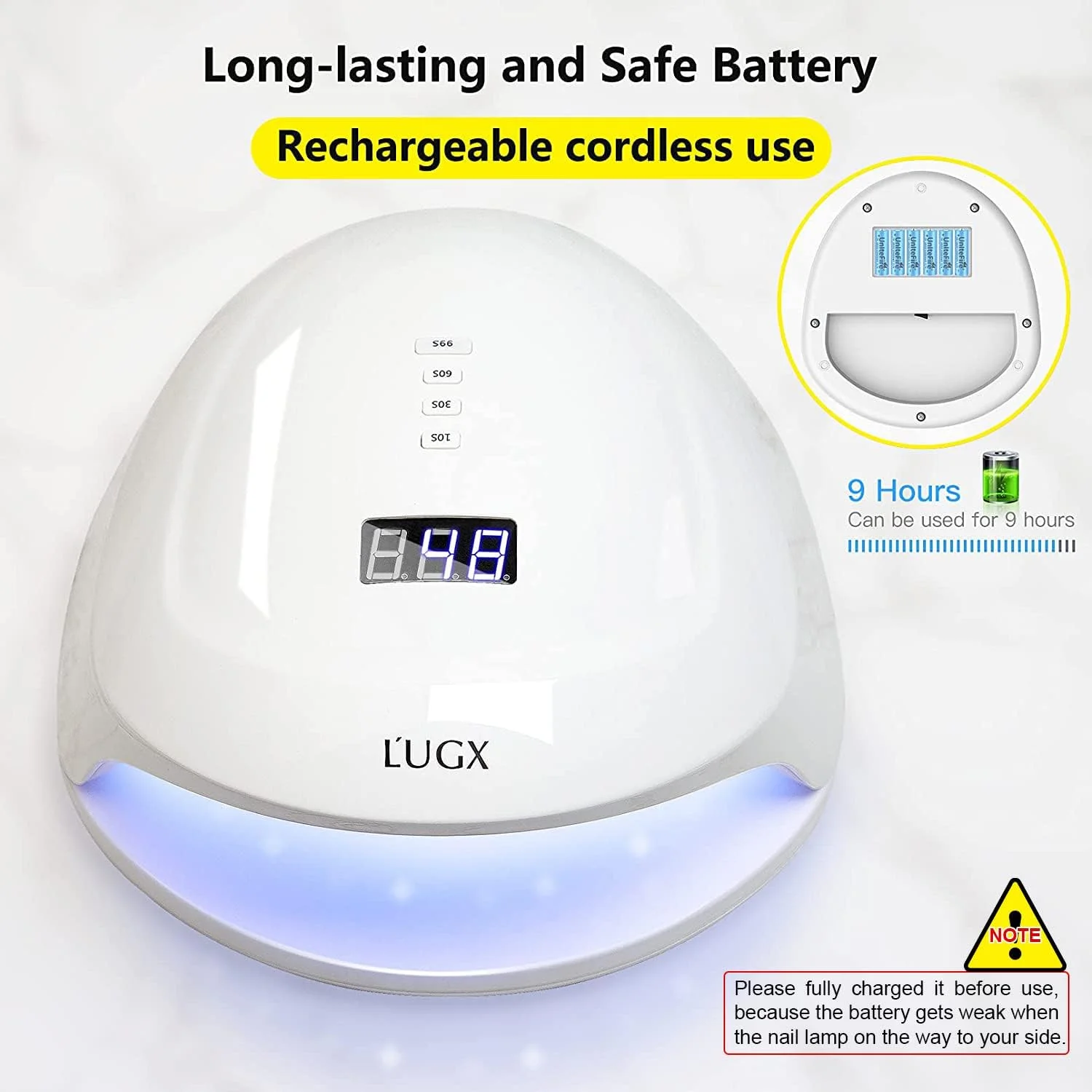 دستگاه خشک کن لاک ناخن ال ای دی یو وی شارژی L'UGX، دستگاه حرفه ای 60 واتی برای لاک ژل با 4 تنظیم تایمر، مناسب برای استفاده در سالن و منزل