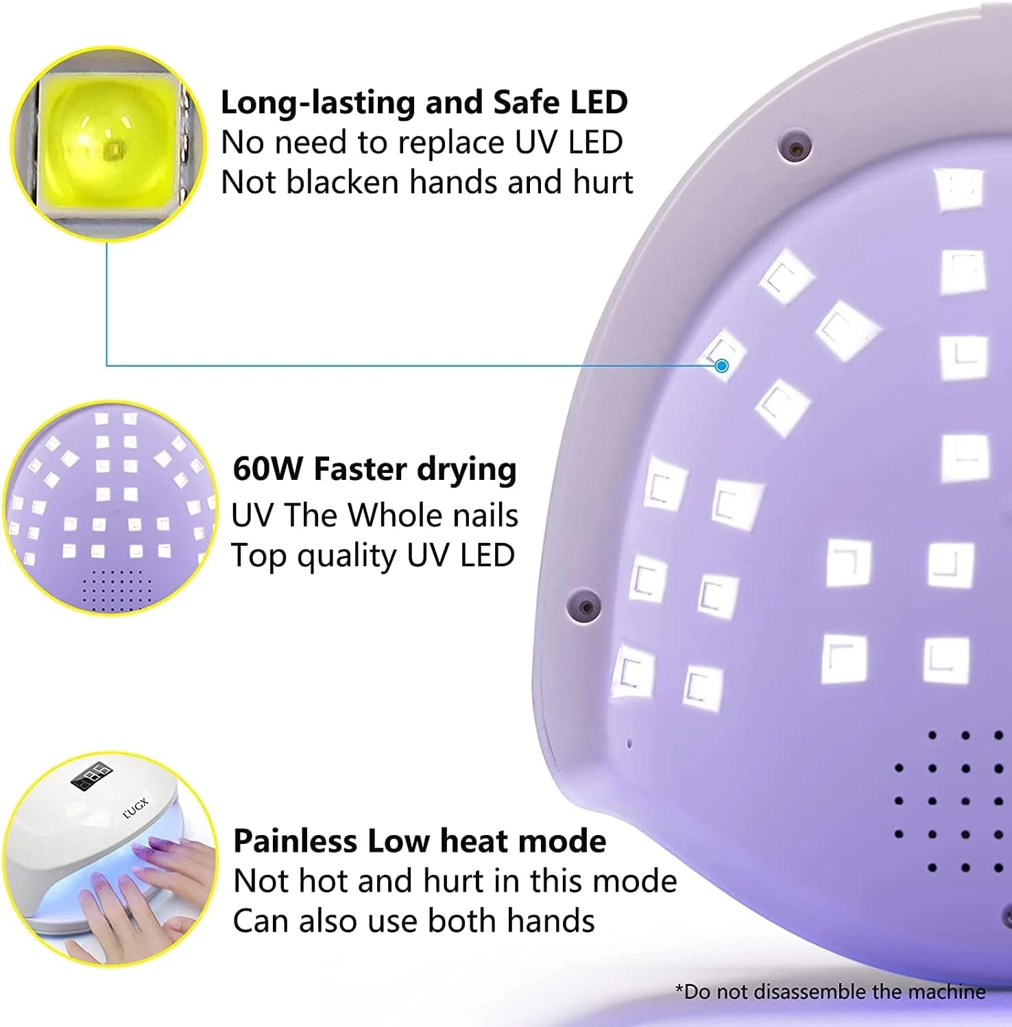 دستگاه خشک کن لاک ناخن ال ای دی یو وی شارژی L'UGX، دستگاه حرفه ای 60 واتی برای لاک ژل با 4 تنظیم تایمر، مناسب برای استفاده در سالن و منزل
