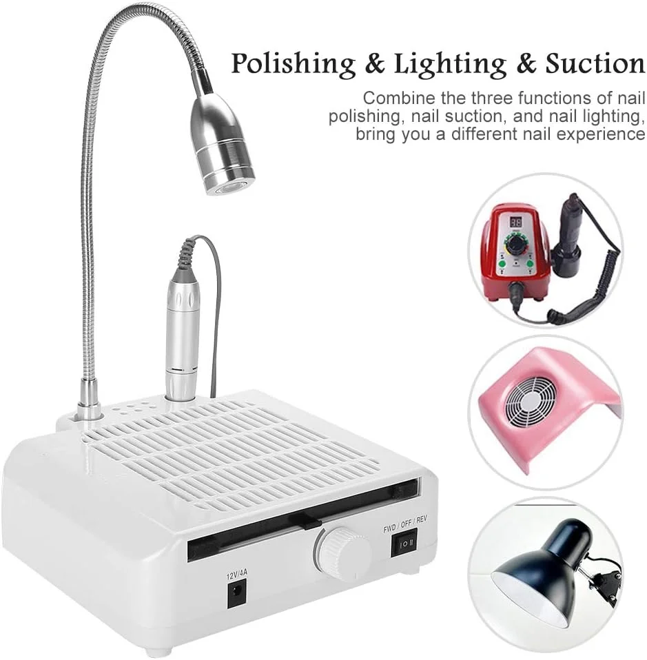 دستگاه ناخن برقی حرفه ای 3 در 1 با جمع کننده گرد و غبار، دستگاه های سوهان برقی برای ناخن های ژلی آکریلیک - دستگاه ناخن سالنی با لامپ LED و سری های سوهان ناخن