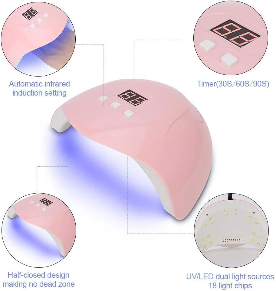دستگاه خشک کن لاک ناخن LED UV 54 وات - ابزار مانیکور هوشمند خشک کننده ژل لاک ناخن با تنظیم زمان 30، 60 و 90 ثانیه (صورتی) دستگاه خشک کن لاک ناخن LED UV 54 وات - ابزار مانیکور هوشمند خشک کننده ژل لاک ناخن با تنظیم زمان 30، 60 و 90 ثانیه (صورتی)