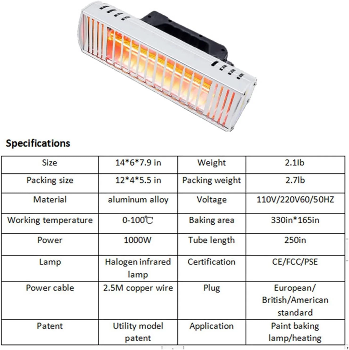چراغ خشک کن رنگ 1000 وات قابل حمل، چراغ پخت رنگ، ابزار تعمیر بدنه خودرو، خشک کن رنگ، تعمیر بدنه خودرو (رنگ: Bianco، سایز: UK)