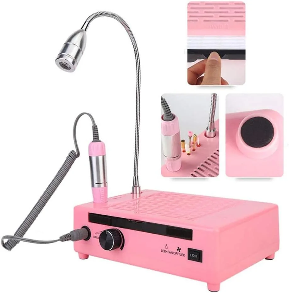 ست حرفه ای مانیکور و پدیکور TISTIK، دستگاه سوهان ناخن 3 در 1، مکنده گرد و غبار ناخن و چراغ LED برای از بین بردن ژل اکریلیک، مرتب کردن و صاف کردن ناخن ها، صورتی