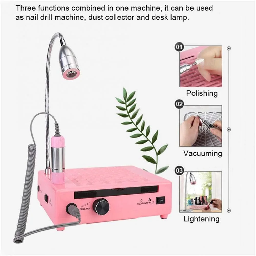 ست حرفه ای مانیکور و پدیکور TISTIK، دستگاه سوهان ناخن 3 در 1، مکنده گرد و غبار ناخن و چراغ LED برای از بین بردن ژل اکریلیک، مرتب کردن و صاف کردن ناخن ها، صورتی