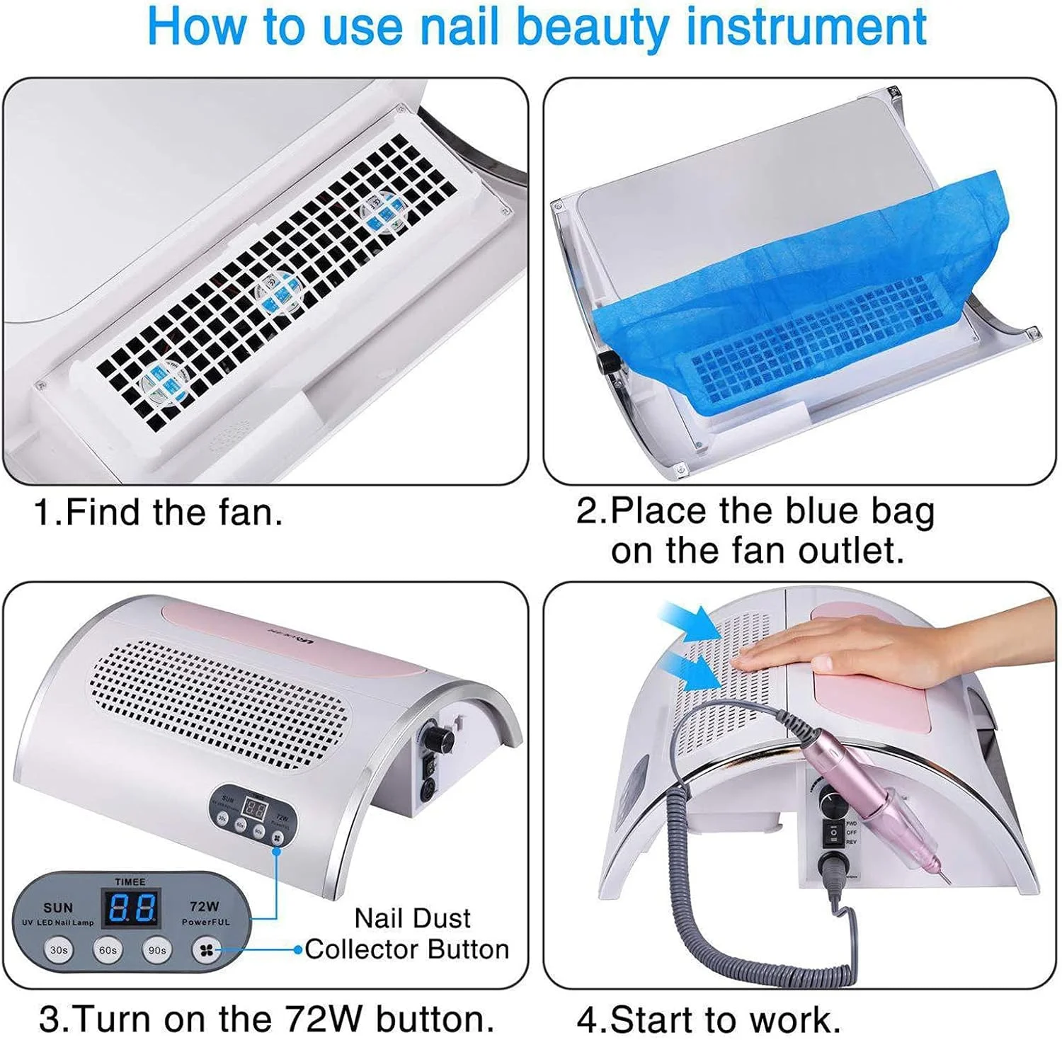 دستگاه چندکاره ۴ در ۱ TISTIK برای مانیکور و طراحی ناخن با خشک‌کن ناخن، دستگاه سوهان برقی ناخن ۲۵۰۰۰ دور در دقیقه، مکش گرد و غبار و نور LED، مناسب برای سالن‌های خانگی یا استودیوهای حرفه‌ای ناخن، مناسب برای لاک ژل