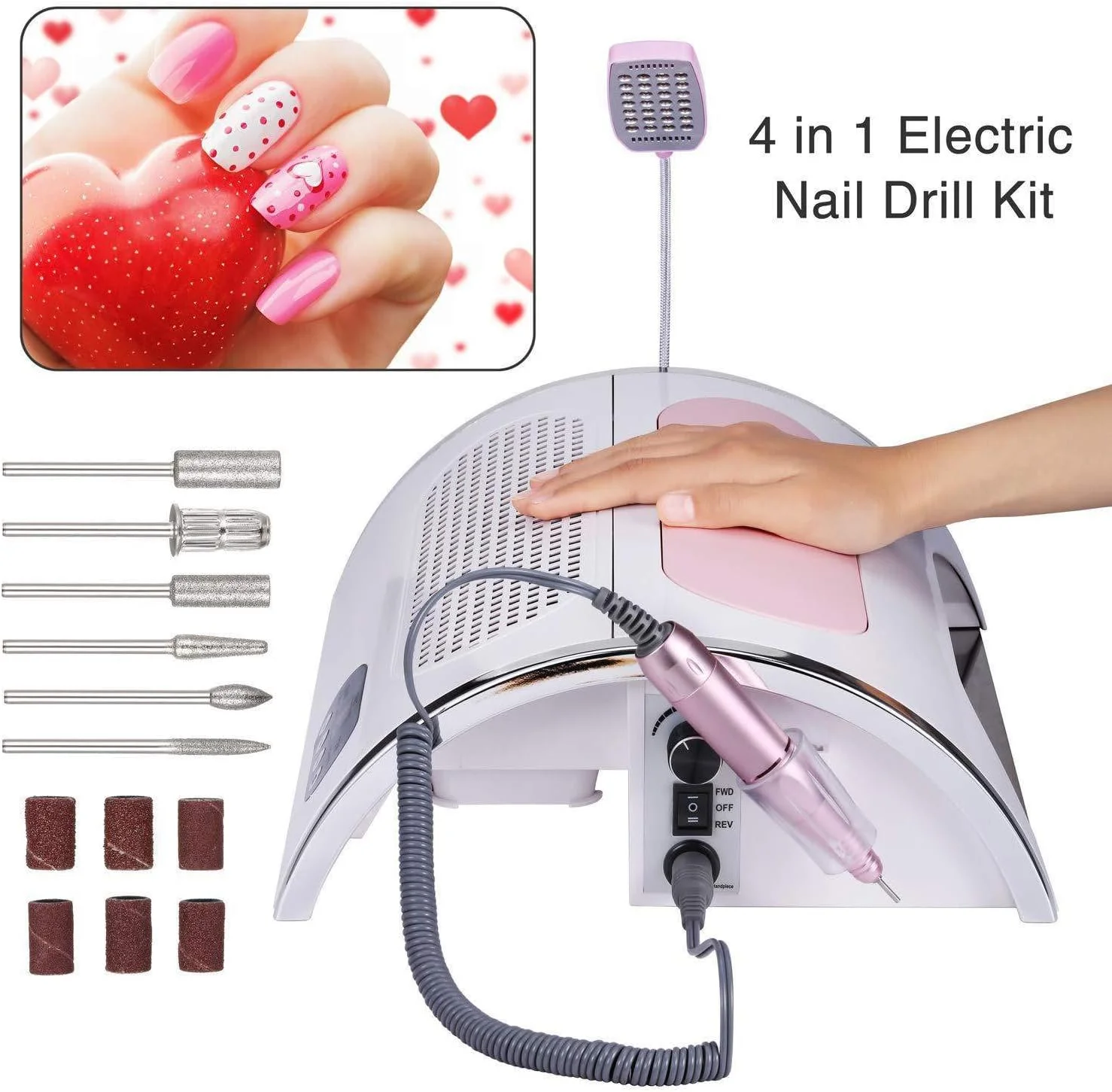 دستگاه چندکاره ناخن 4 در 1، دستگاه پولیش برقی ناخن، جمع کننده گرد و غبار، لامپ خشک کن ناخن UV LED 25000 دور در دقیقه، کیت ابزار مانیکور و طراحی ناخن