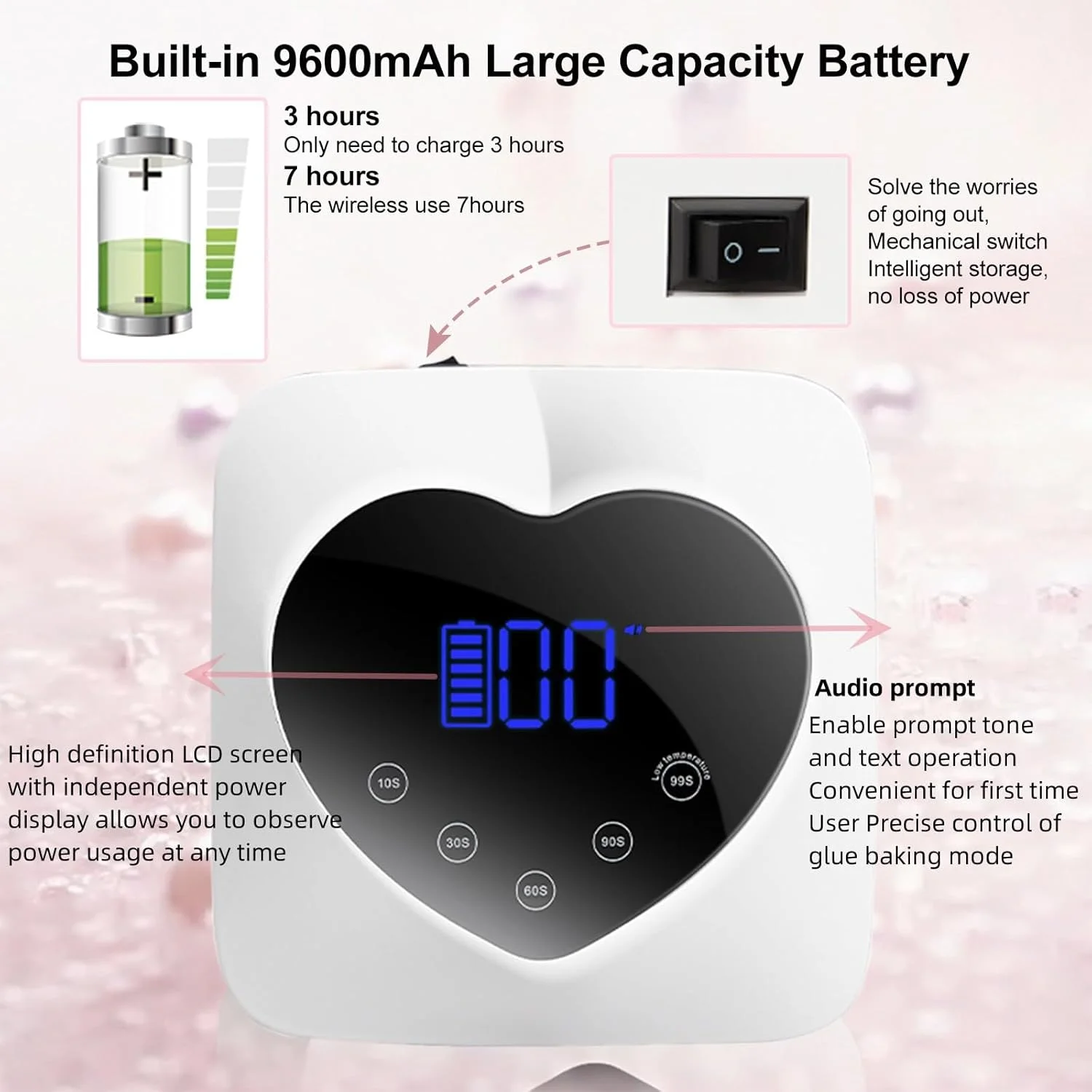 دستگاه خشک کن لاک ژل ناخن LED UV شارژی 72 وات، چراغ خشک کن ناخن بدون سیم برای ژل های ناخن با پایه جداشدنی، چراغ ناخن با صفحه لمسی و 30 لامپ LED، ابزار طراحی ناخن