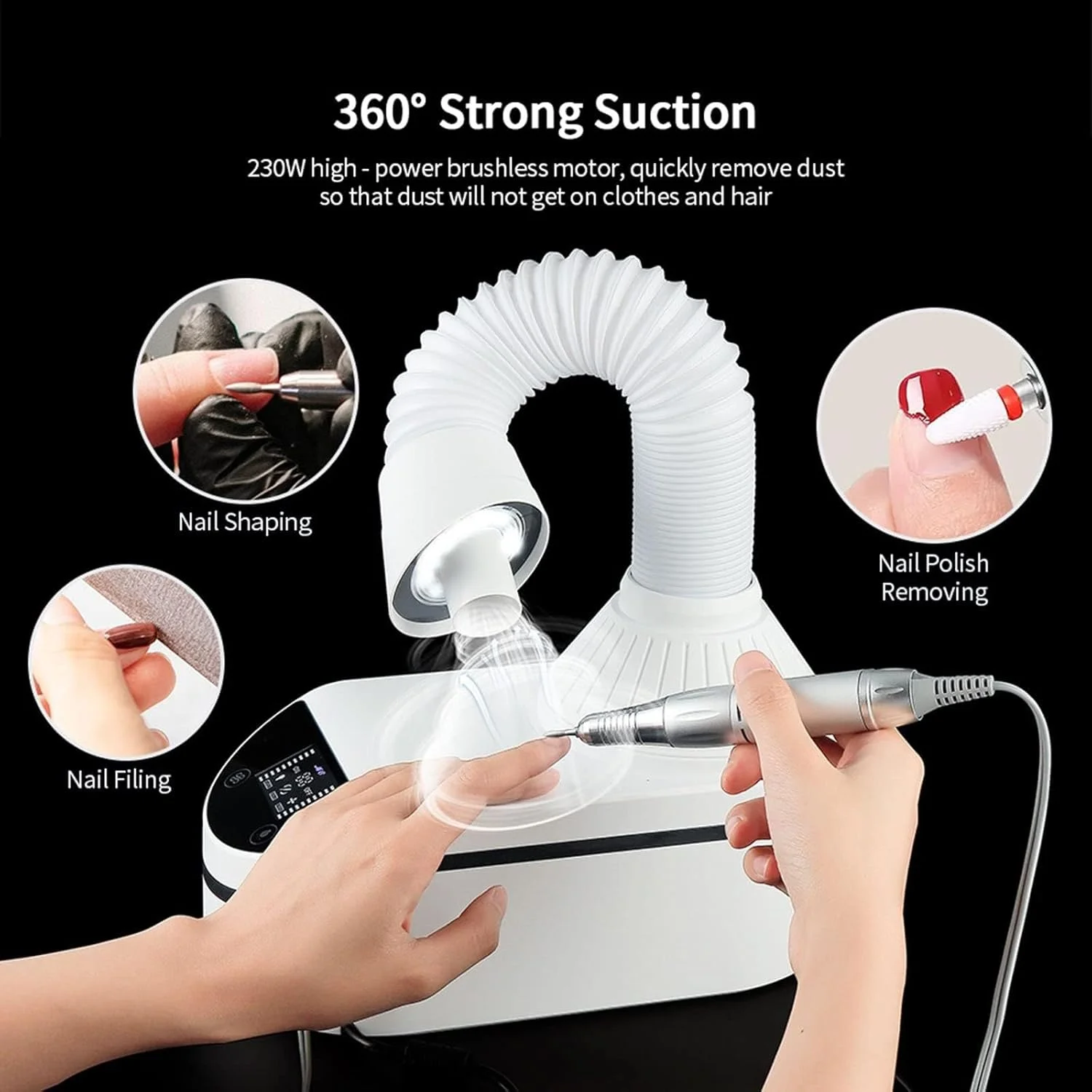 دستگاه جمع کننده گرد و غبار ناخن X&Z-XAOY با فن مکنده و چراغ + دستگاه سوهان برقی حرفه ای ناخن 35000 دور در دقیقه برای پولیش ناخن های ژلی و اکریلیک