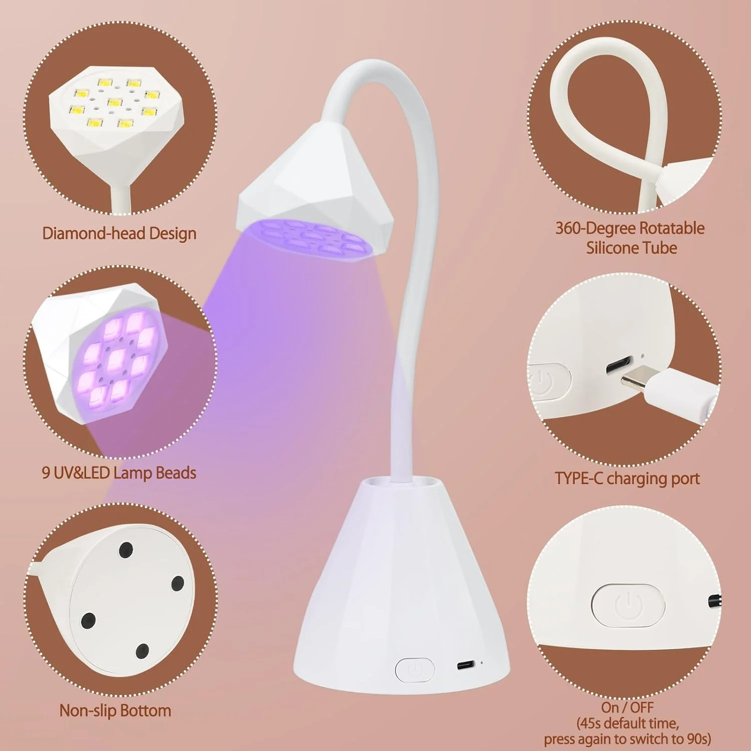 چراغ LED UV ناخن قابل شارژ 27 وات، چراغ UV کوچک برای ناخن های ژلی، چراغ خشک کن لاک ناخن بدون سیم با 2 تایمر، چراغ رومیزی USB قابل حمل با گردن غازی چرخان 360 درجه برای مانیکور طراحی ناخن