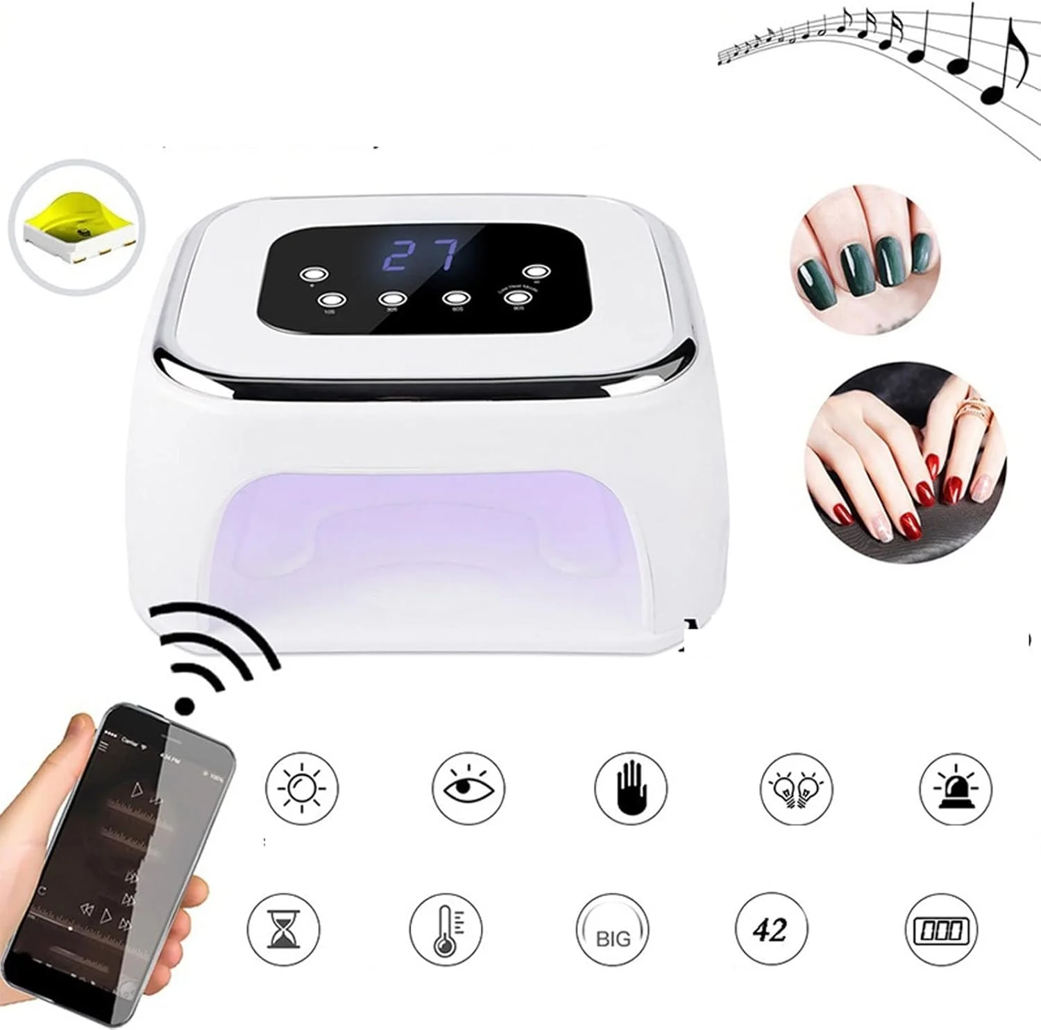 دستگاه خشک کن لاک ژل ناخن VIZCO Gel Light 99W LED با حسگر خودکار و اسپیکر بلوتوث، مناسب برای خشک کردن انواع لاک ژل