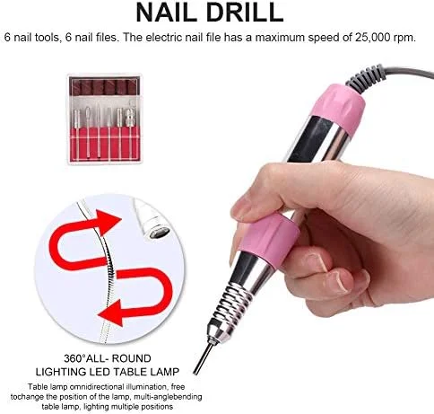 دستگاه 5 در 1 جمع کننده گرد و غبار ناخن با دریل، دستگاه برقی چند منظوره دریل ناخن با مکنده گرد و غبار، چراغ رومیزی LED و بالشتک استراحت دست برای ناخن های اکریلیک (US)