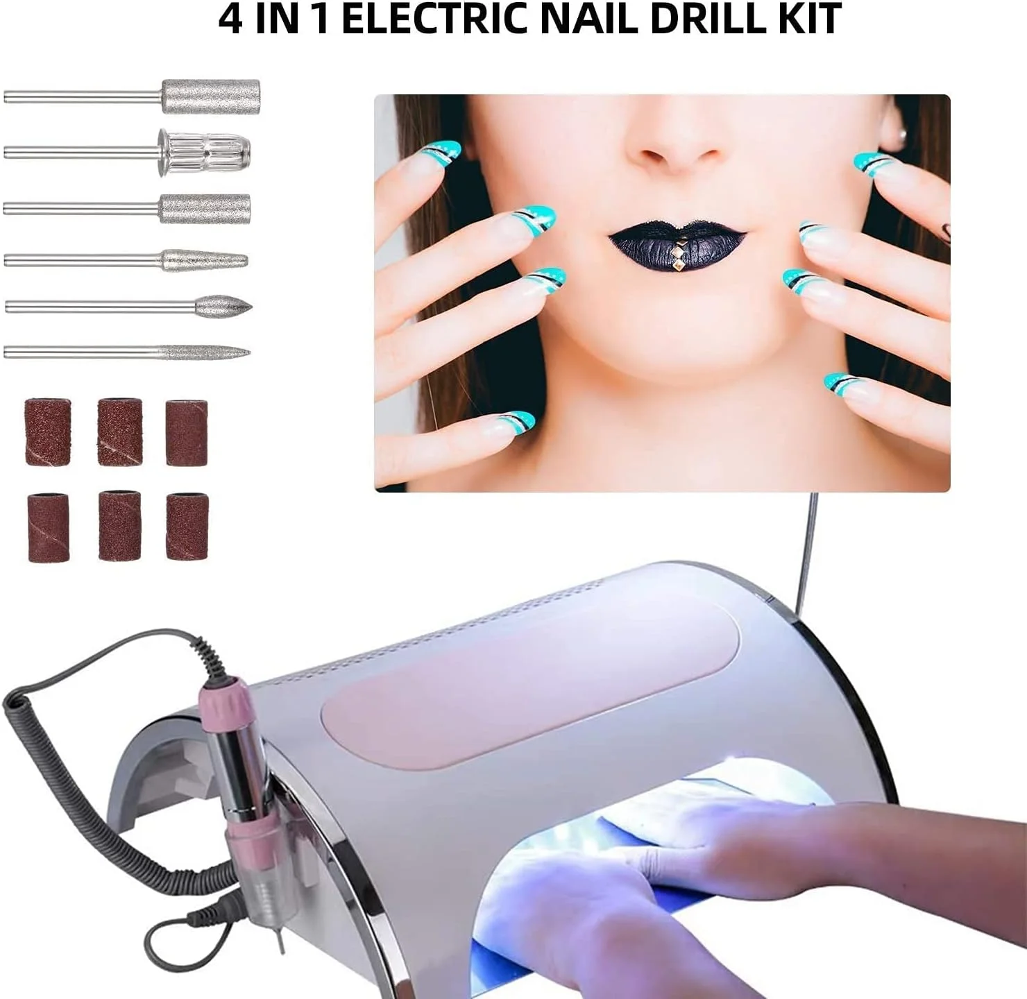 دستگاه ناخن 4 در 1 شامل دریل برقی ناخن/جمع کننده گرد و غبار ناخن/لامپ خشک کن ناخن UV 54 وات/لامپ LED برای سالن های حرفه ای زیبایی و منزل