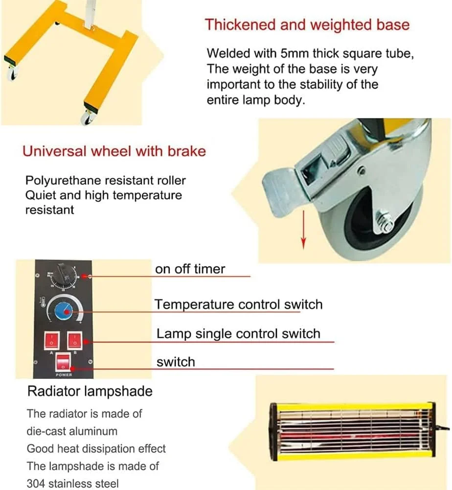 چراغ خشک کن رنگ REHOOF، چراغ گرمایشی 220 ولت 2x1050 وات، بخاری موی کوتاه، خشک کن رنگ تعمیر بدنه خودرو، چراغ هالوژنی گرمایشی با پایه